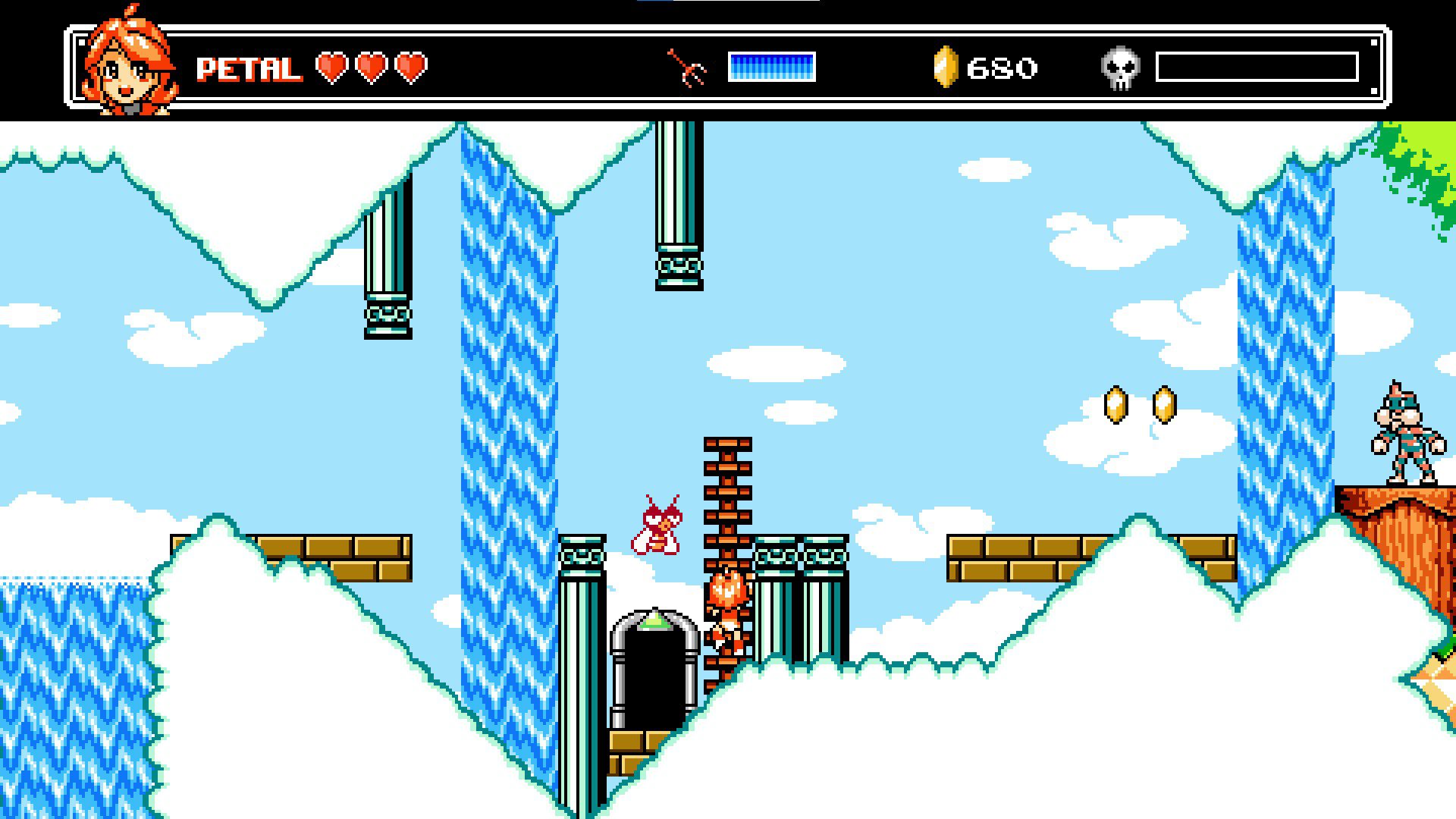FaLeClouds Petal climbing up a ladder with clouds obfuscating platforms and an enemy on the right