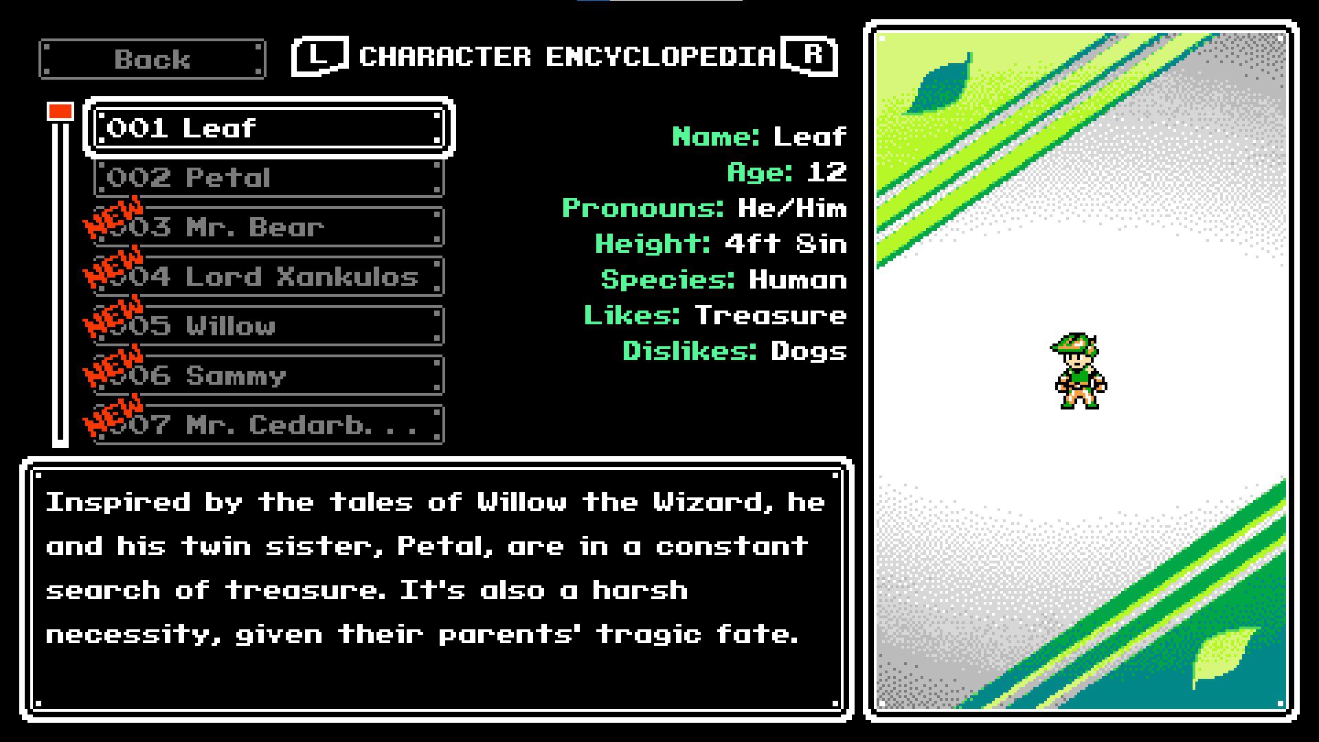 FaLeEncyclopedia An encyclopedia page on the main character, Leaf