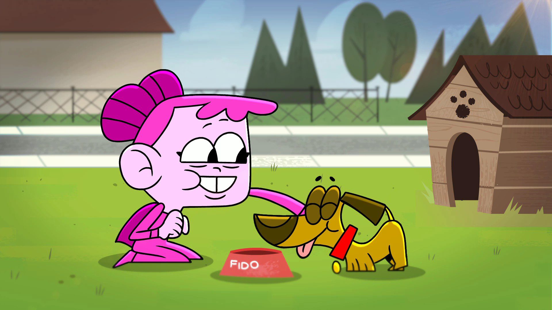 Becky petting a dog called Fido