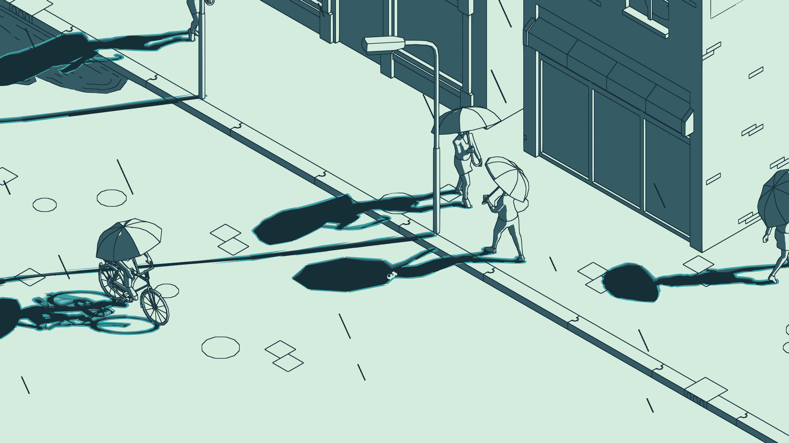 SCHiM, a rainy street and two pedestrians holding umbrellas.