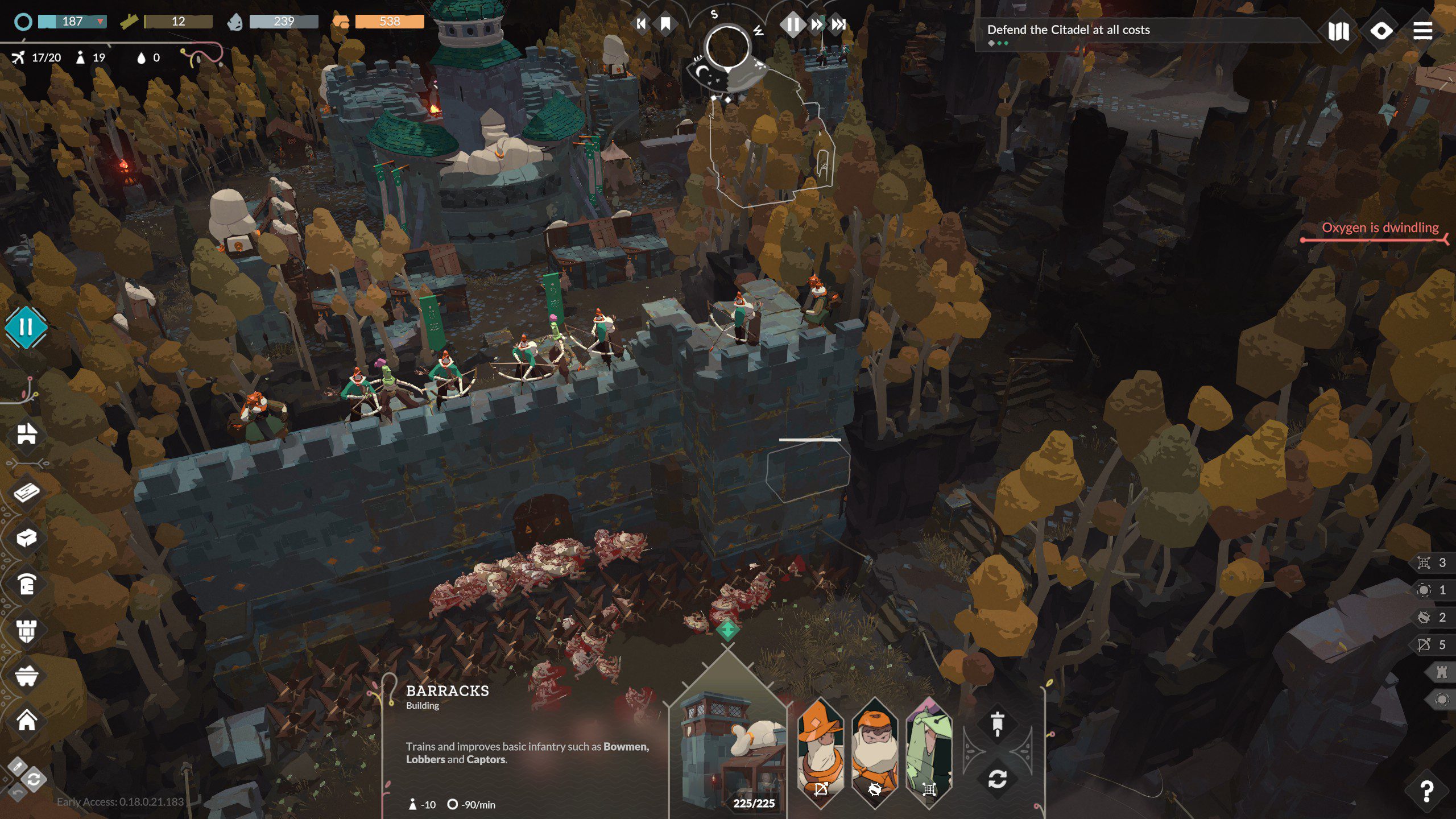Cataclismo archers defending a settlement from atop a stone wall.