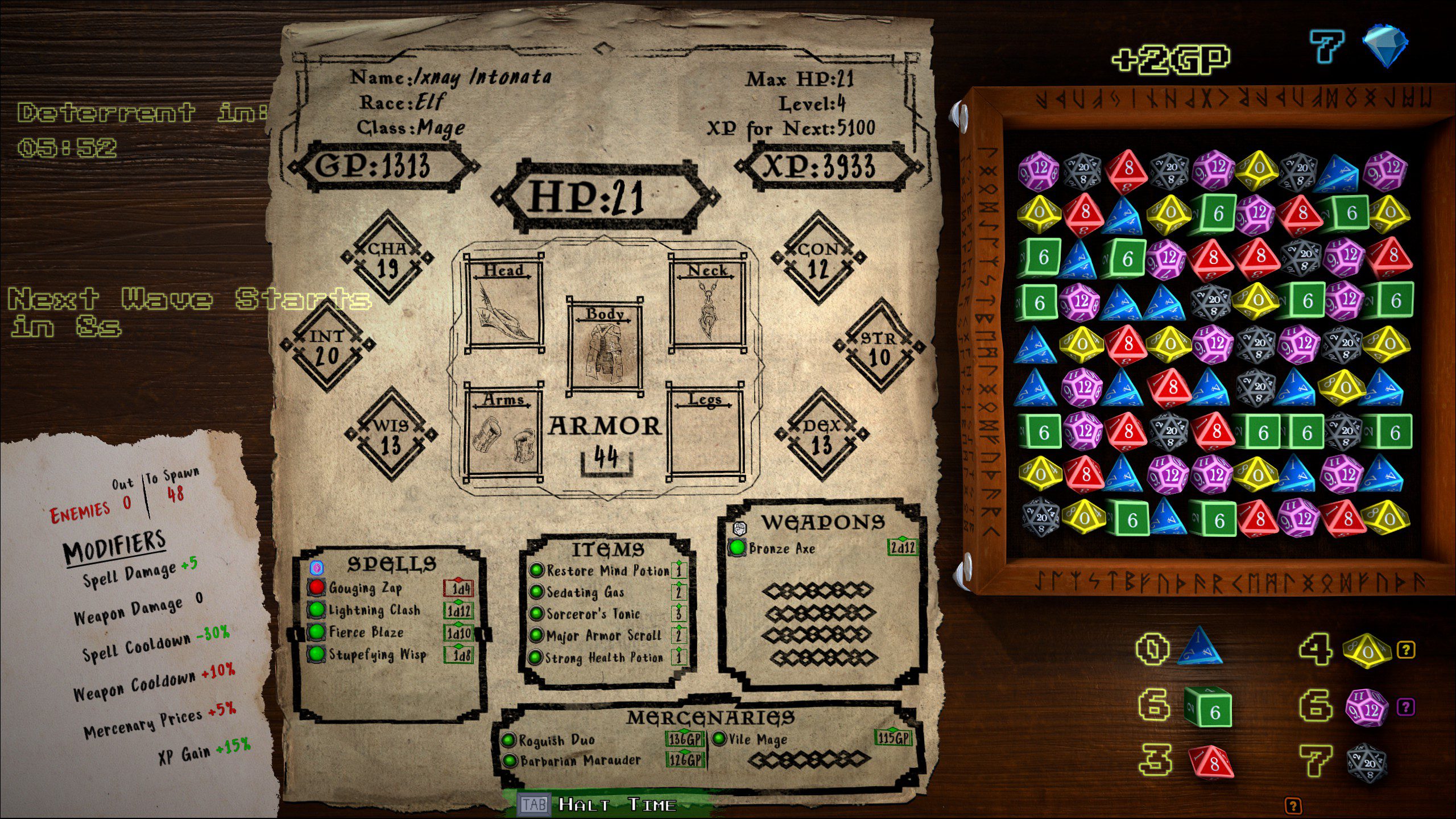 CrossOver: Roll For Initiative gameplay screen, showing a character sheet and a tray full of colorful dice.