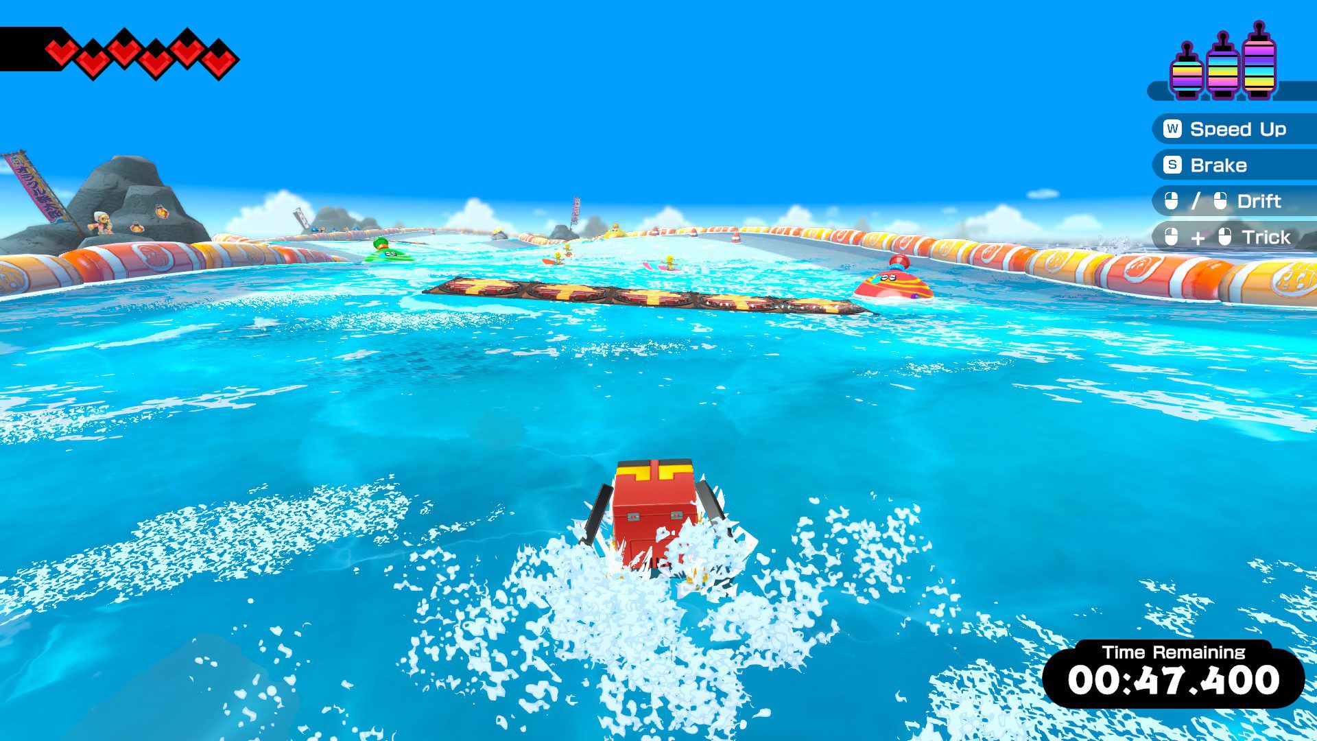 A blocky dog surfing on water in a race