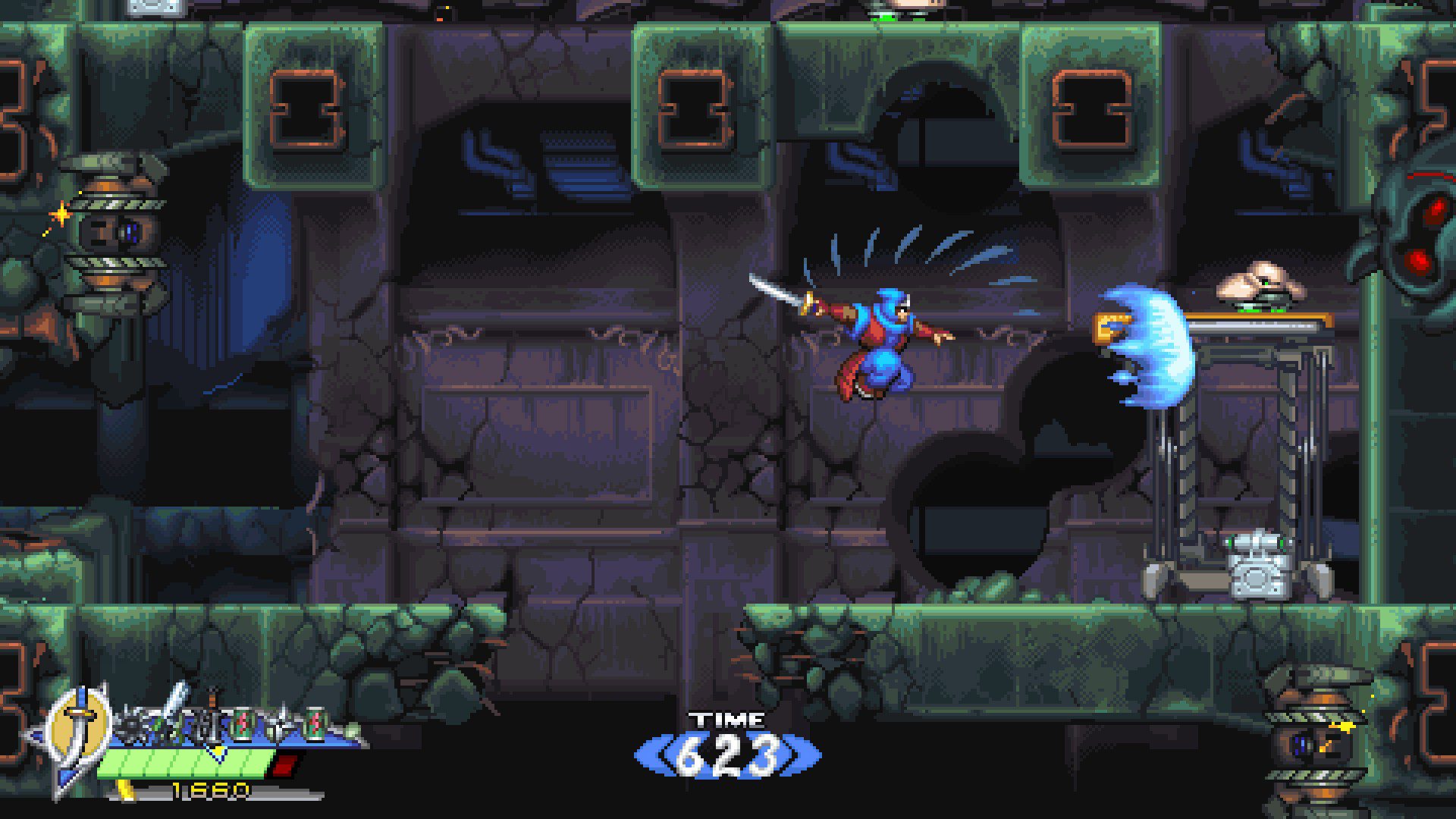 The ninja jumping and striking with a beam attack from his sword into an enemy drone scuttling around on a platform above