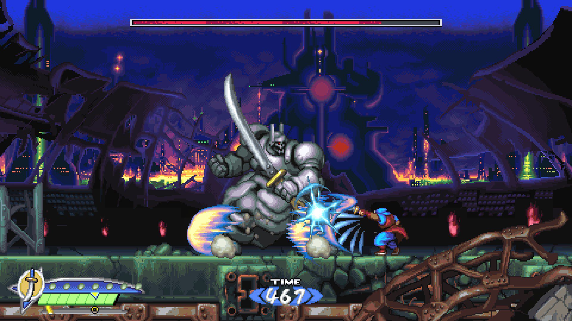 A boss battle against a big suit of armor, a beam from a sword attack is passing through it