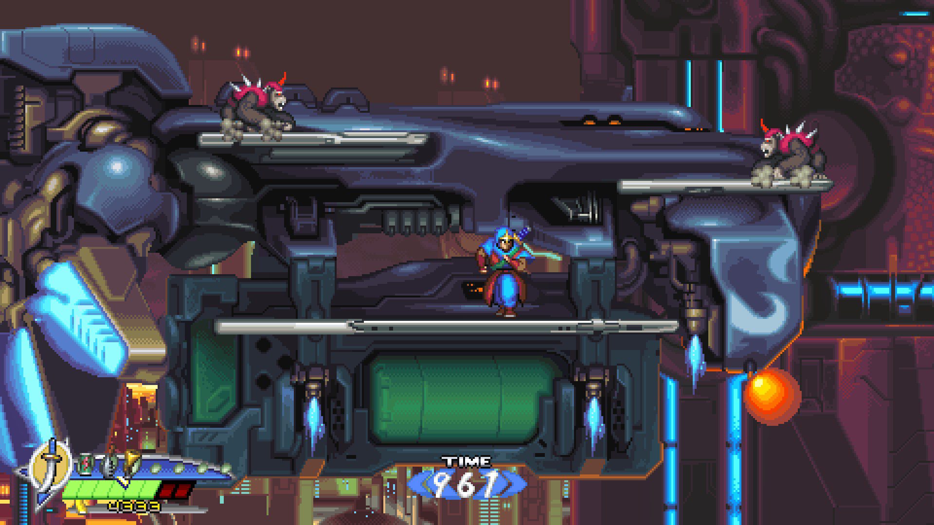 An airship flying through the air with the playable ninja and two monkeys in red, spiky armor sets on said ship