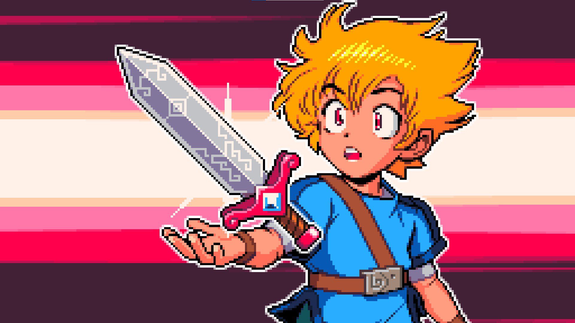 The main character with a shocked expression presenting a sword in a detailed pixelart style