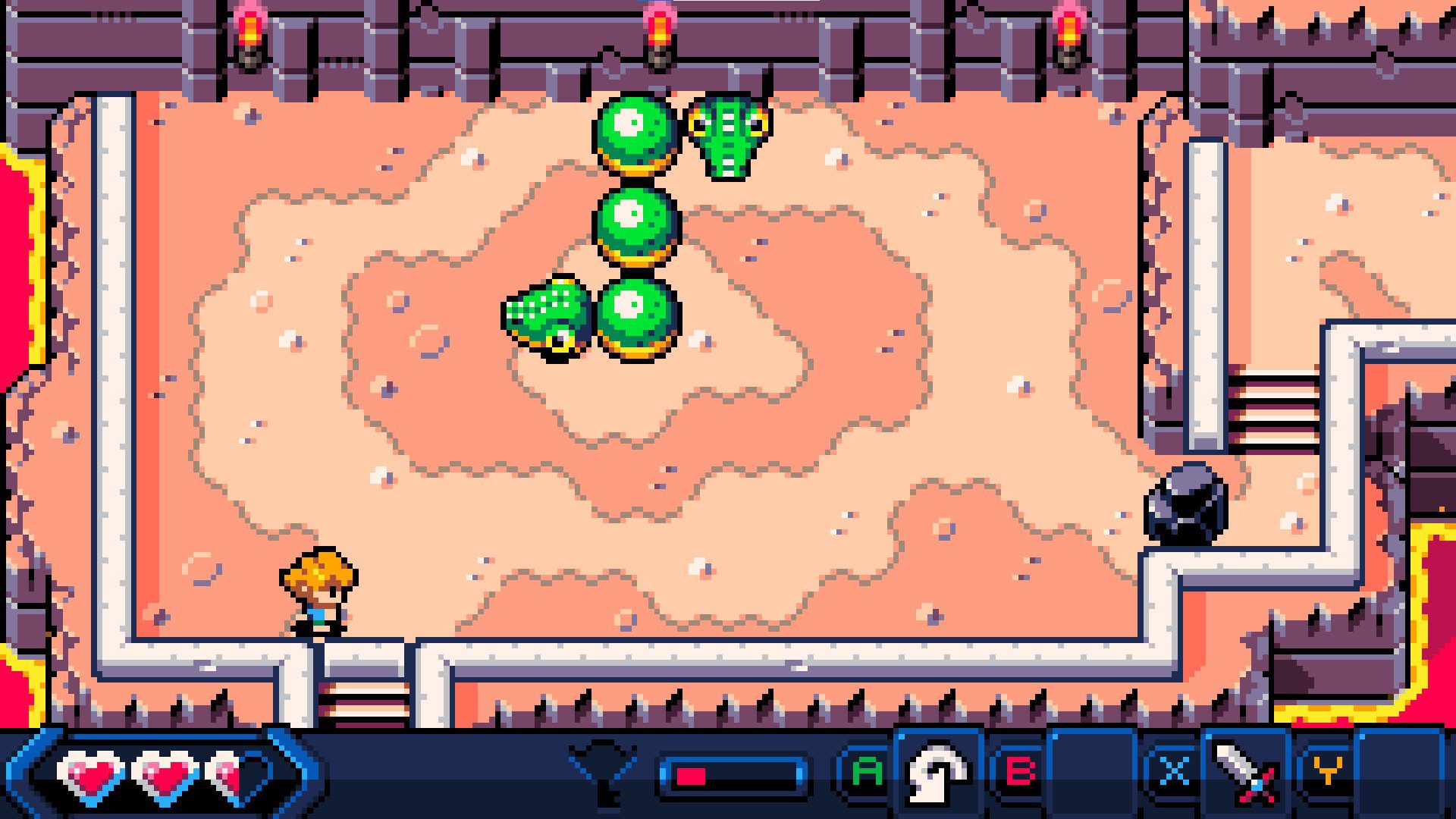A boss fight against a snake with two heads and three ball-like body parts