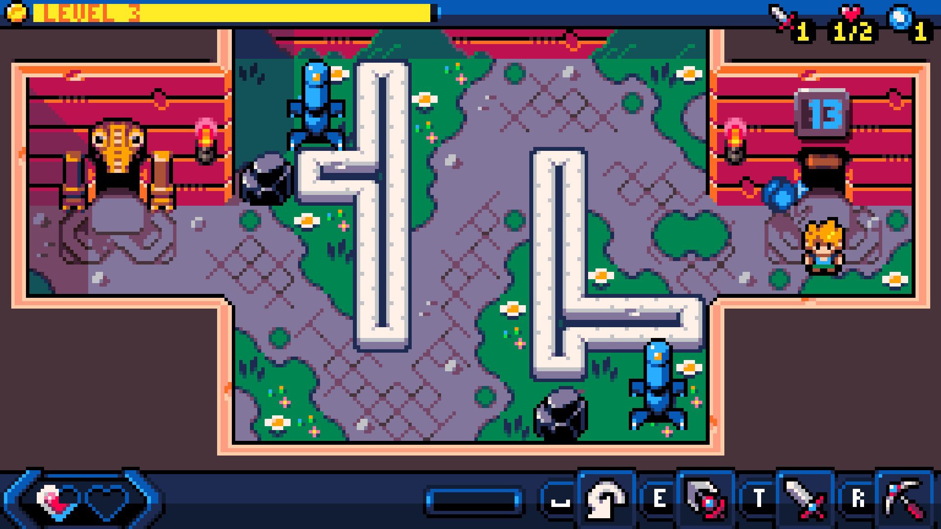 Tall, blue, spider-legged statues with an eye set behind walls in a room on floor 13 of the tower