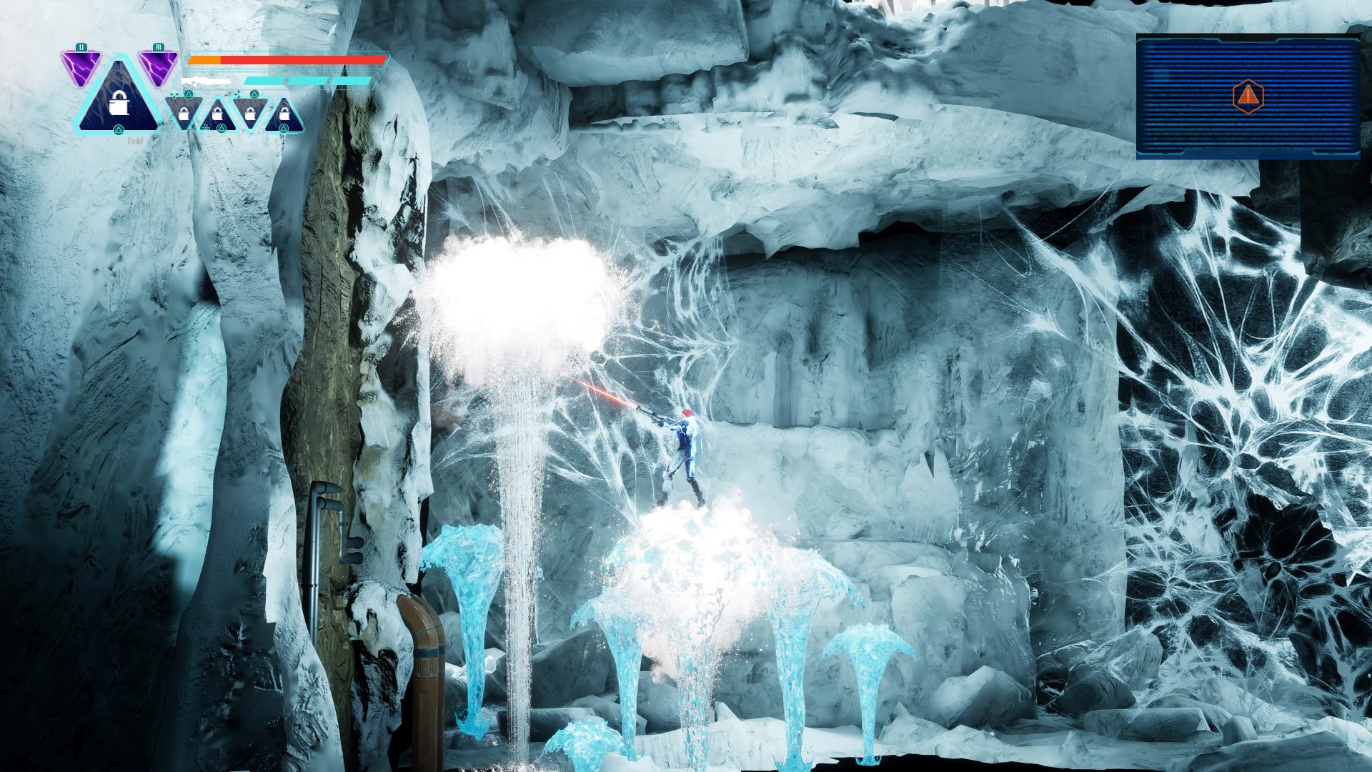 The shotgun also freezes water spouts and certain enemies to use as platforms