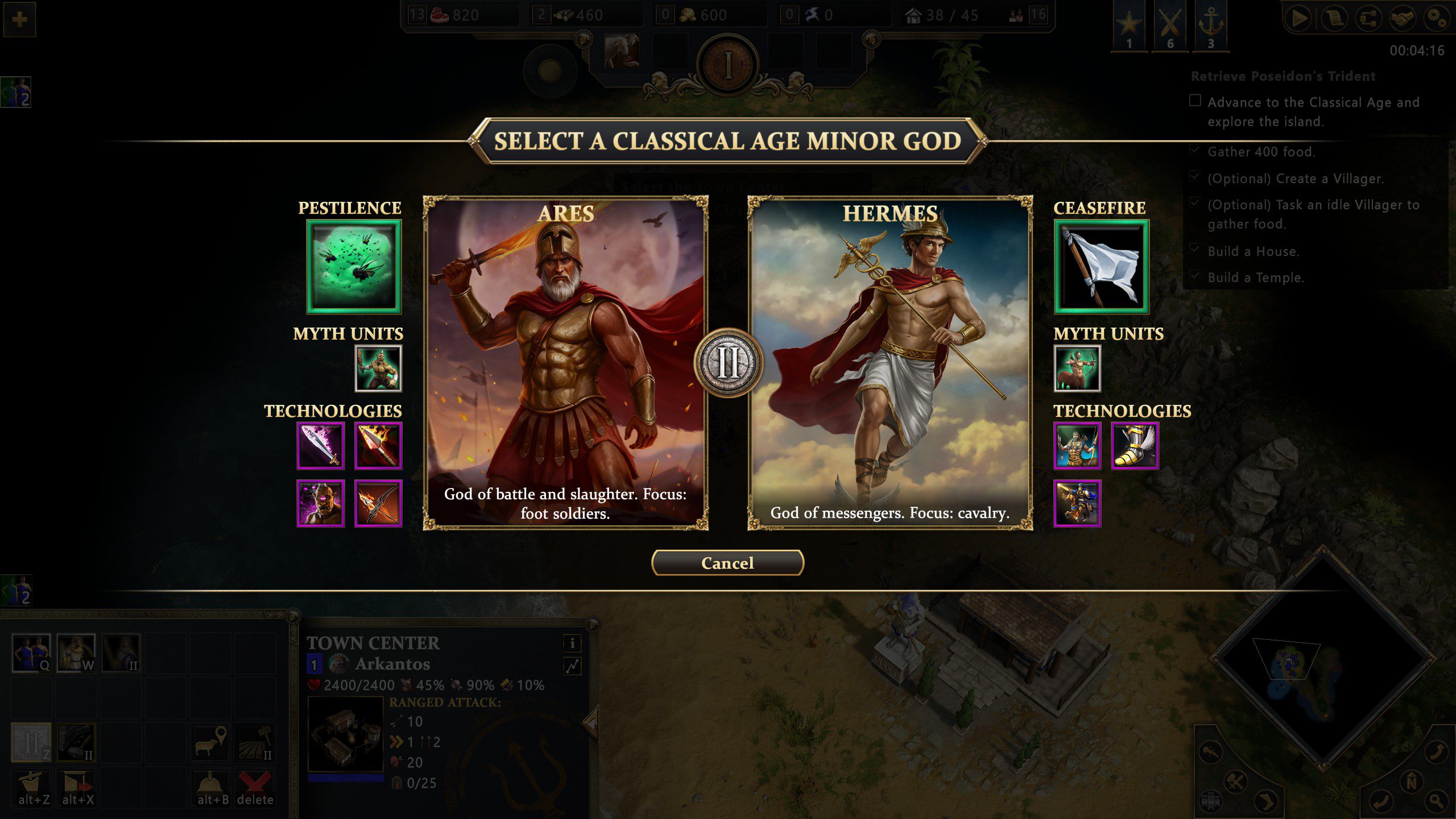 Age of Mythology: Retold Screenshot 02 Age of Mythology: Retold Age advancement screen, showing the gods Ares and Hermes and their powers.