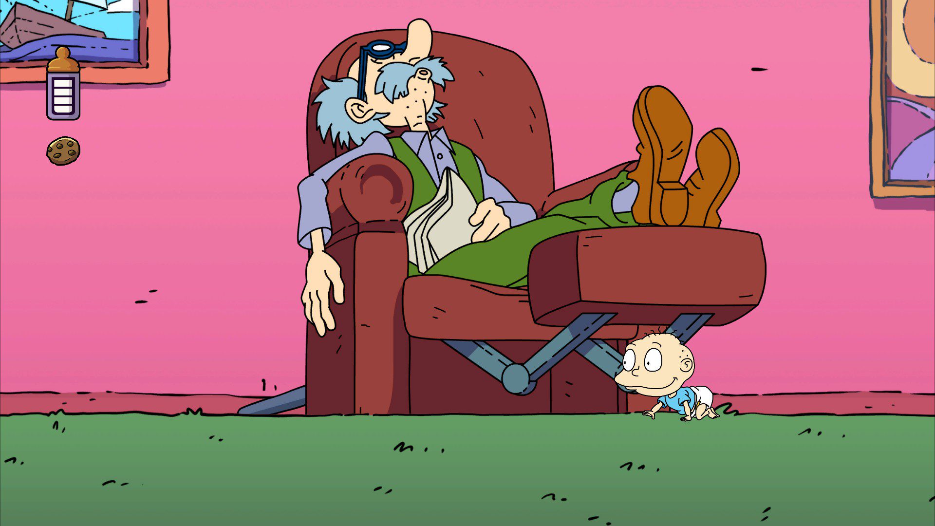 RAIGLou Lou Pickles sleeping on a couch, Tommy Pickles crawling underneath his foot rest