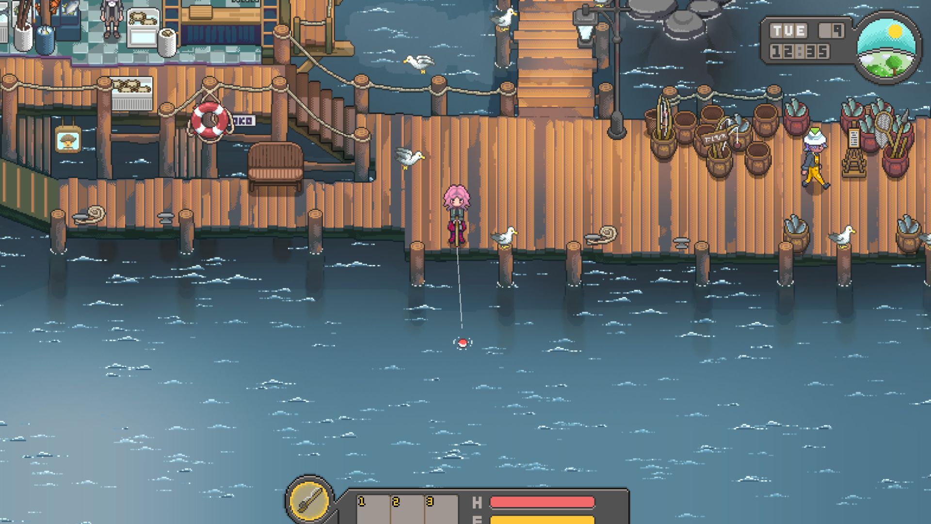 The player is catching a fish.