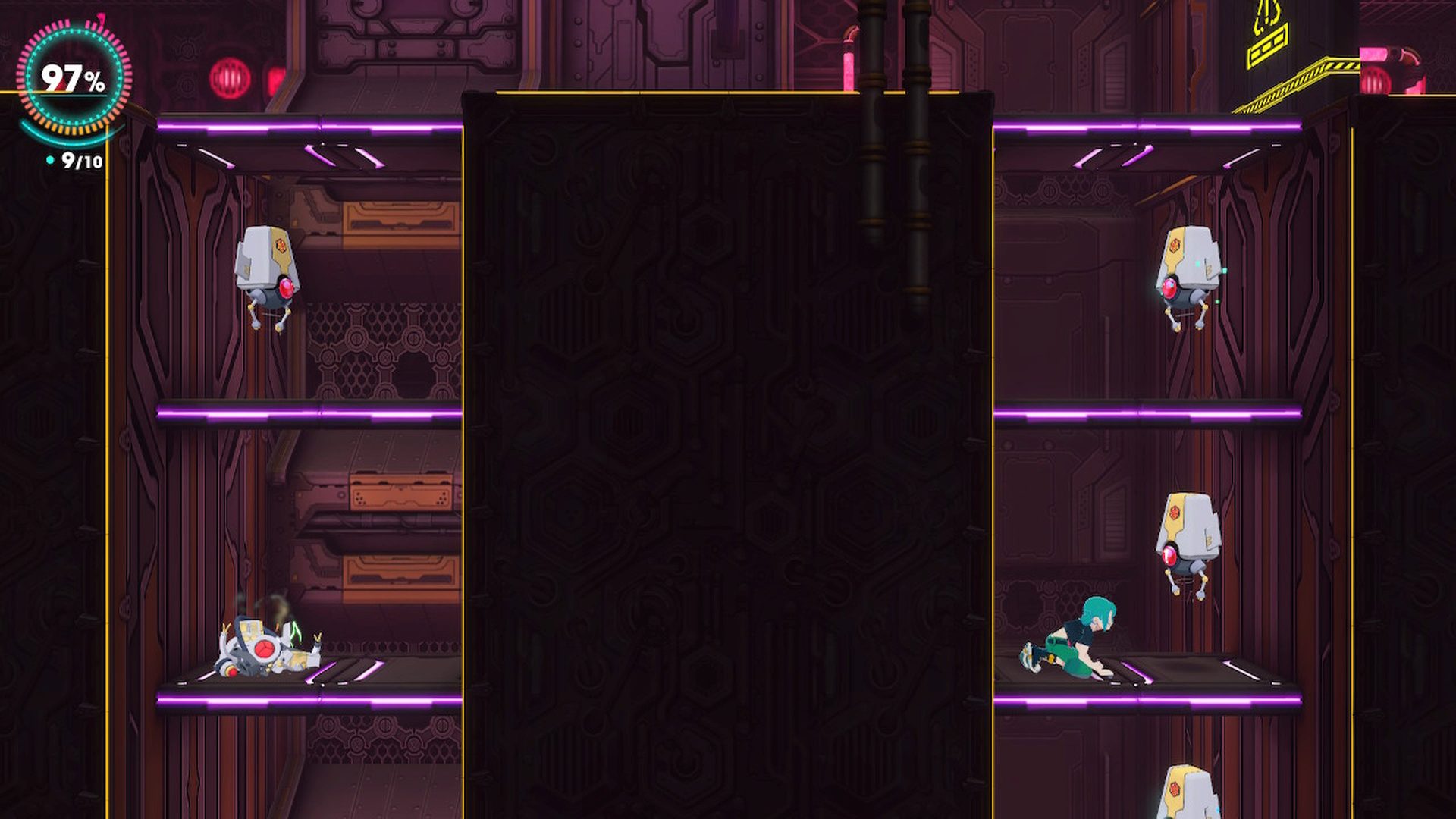 Emi has to navigate through a mass of robot, human, mutant, and even alien enemies by blasting, hacking, and sometimes sneaking through QoTech and surrounding areas