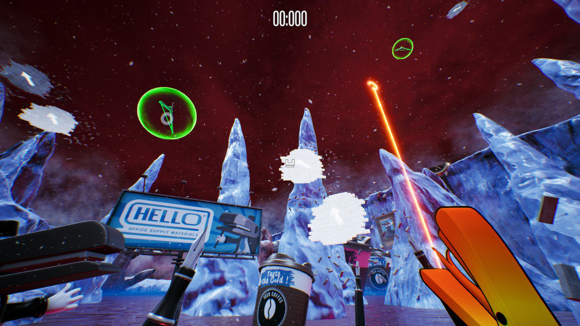A green circle floating in the air around a frozen wasteland with giant ice stalagmites point a path towards an orange exit portal high in the air
