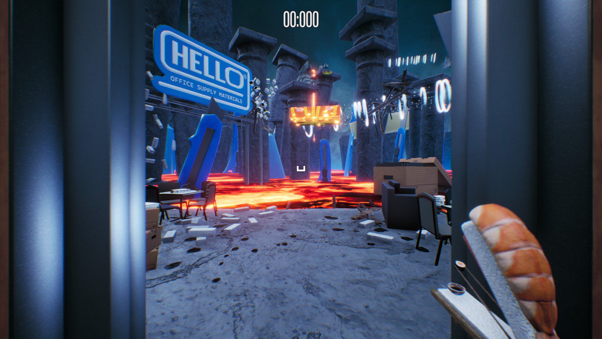 An entrance point into a new, dark blueish level with stone pillars, orange platforms and air current tubes