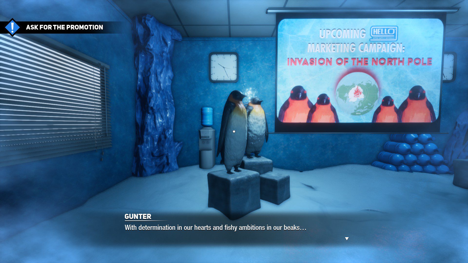 A penguin party plotting an invasion of the North Pole