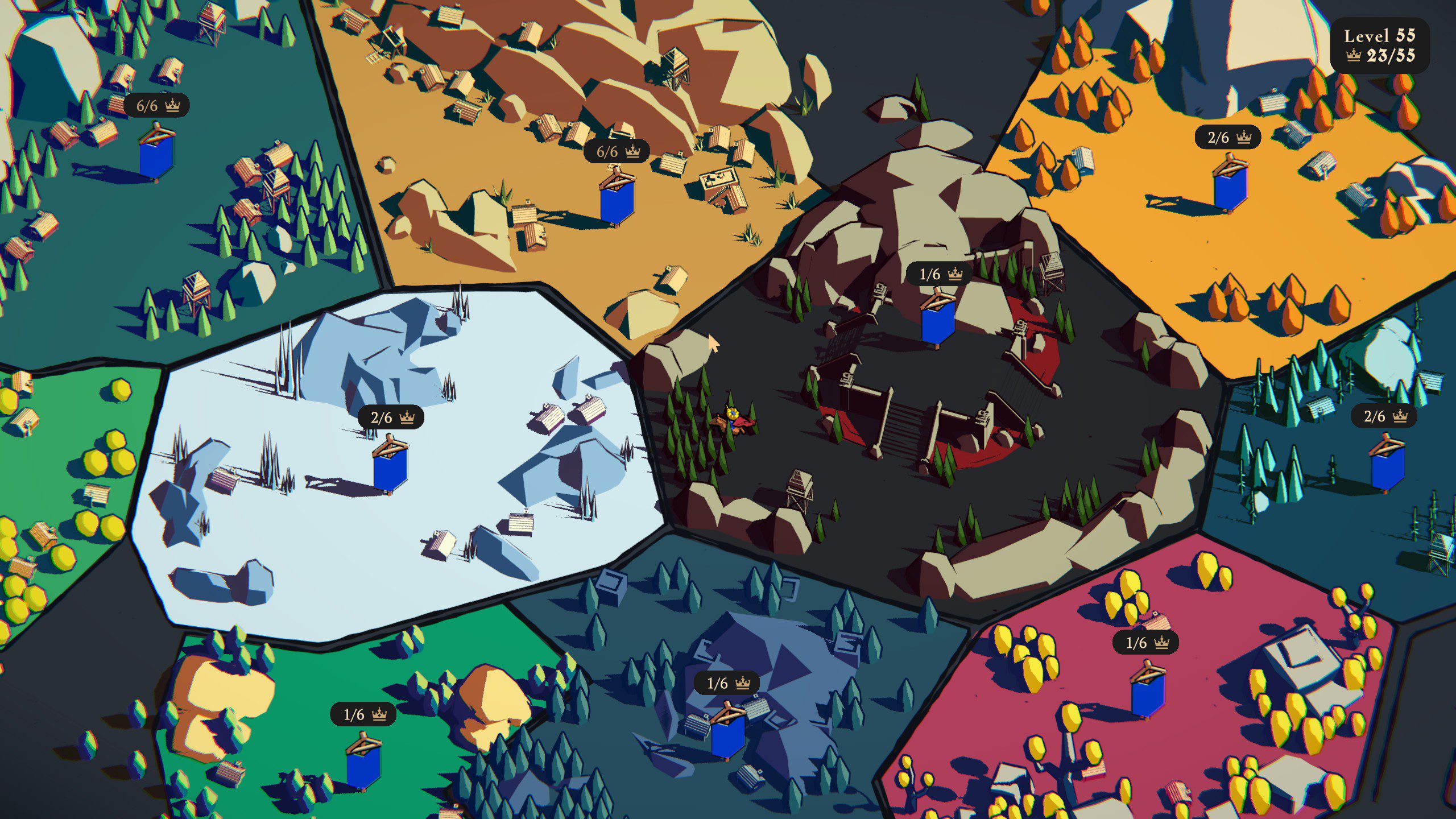 Thronefall Overworld map showing different colored zones and biomes
