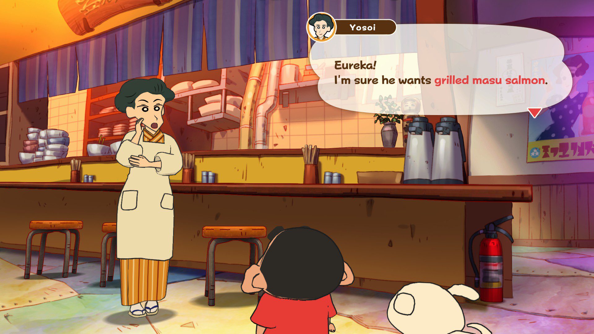 The diner owner Yosoi proclaims that someone must want grilled masu salmon to Shin-chan