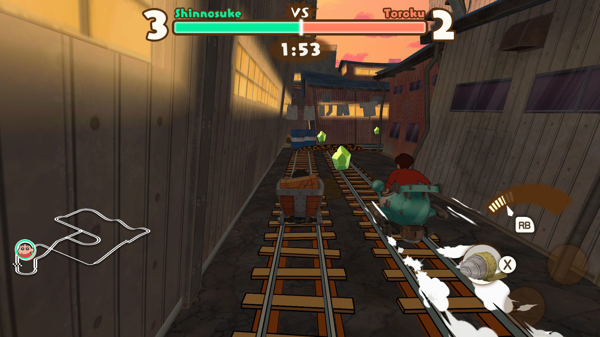 A race against an adult Tetsuo in a trolley next to Shin-chan's