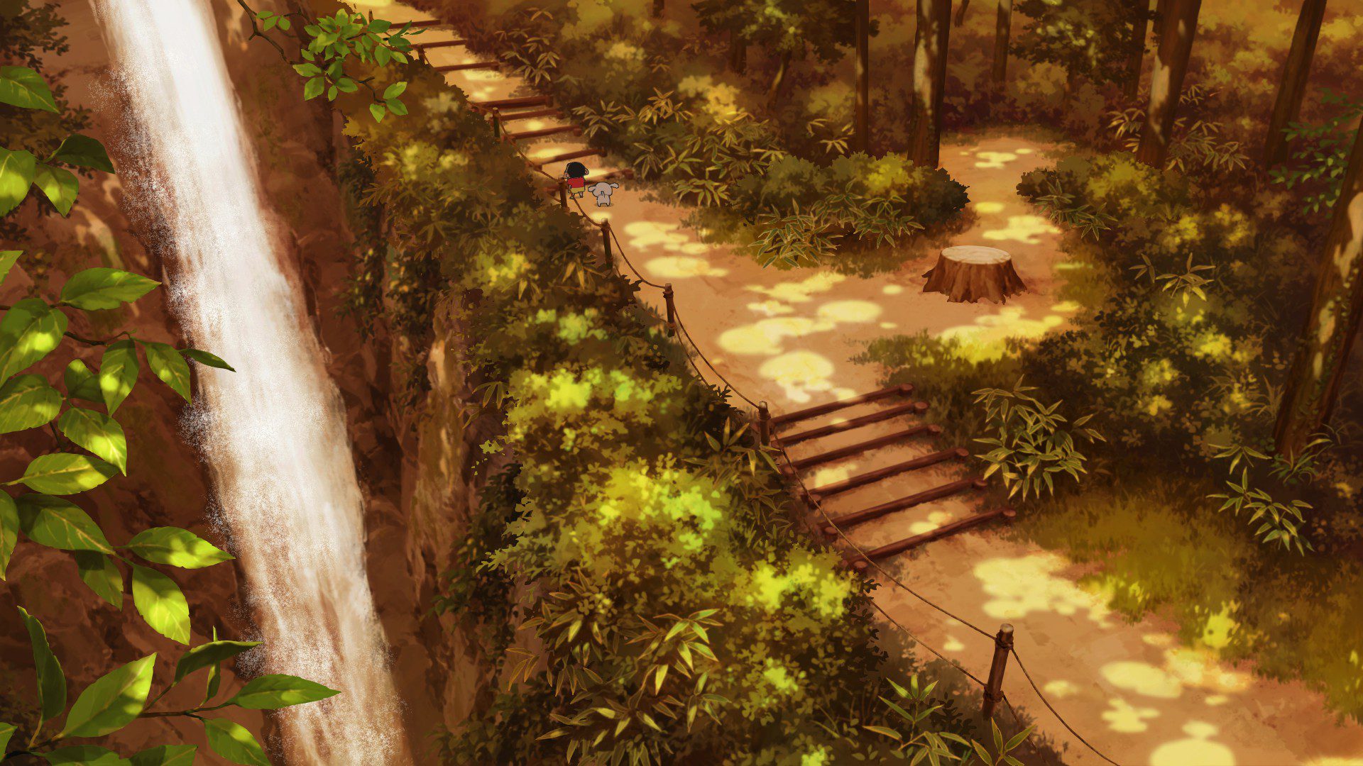 A waterfall in the evening, with a tree stump near a path deeper into the woods