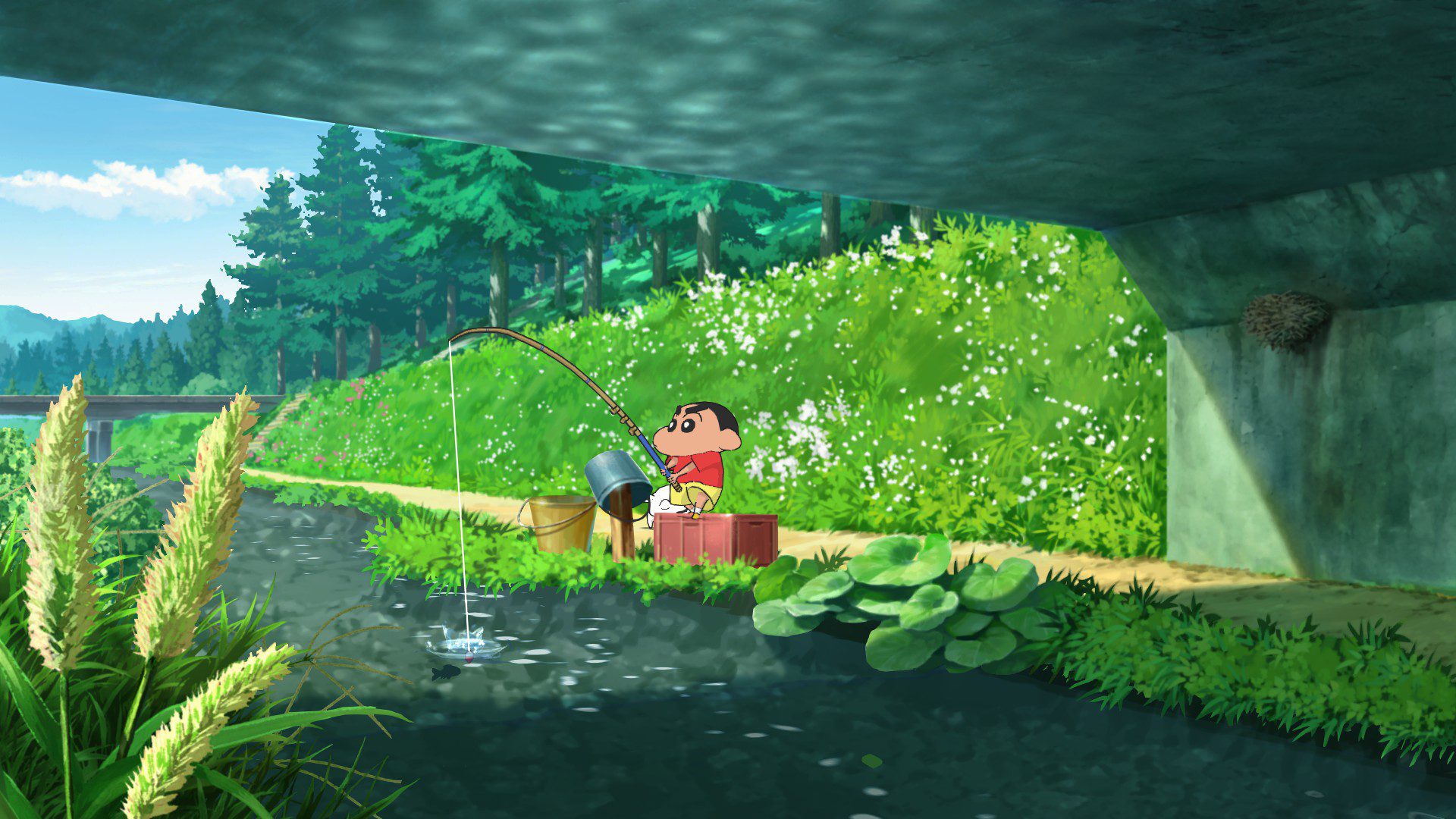 Shin-chan fishing underneath a bridge