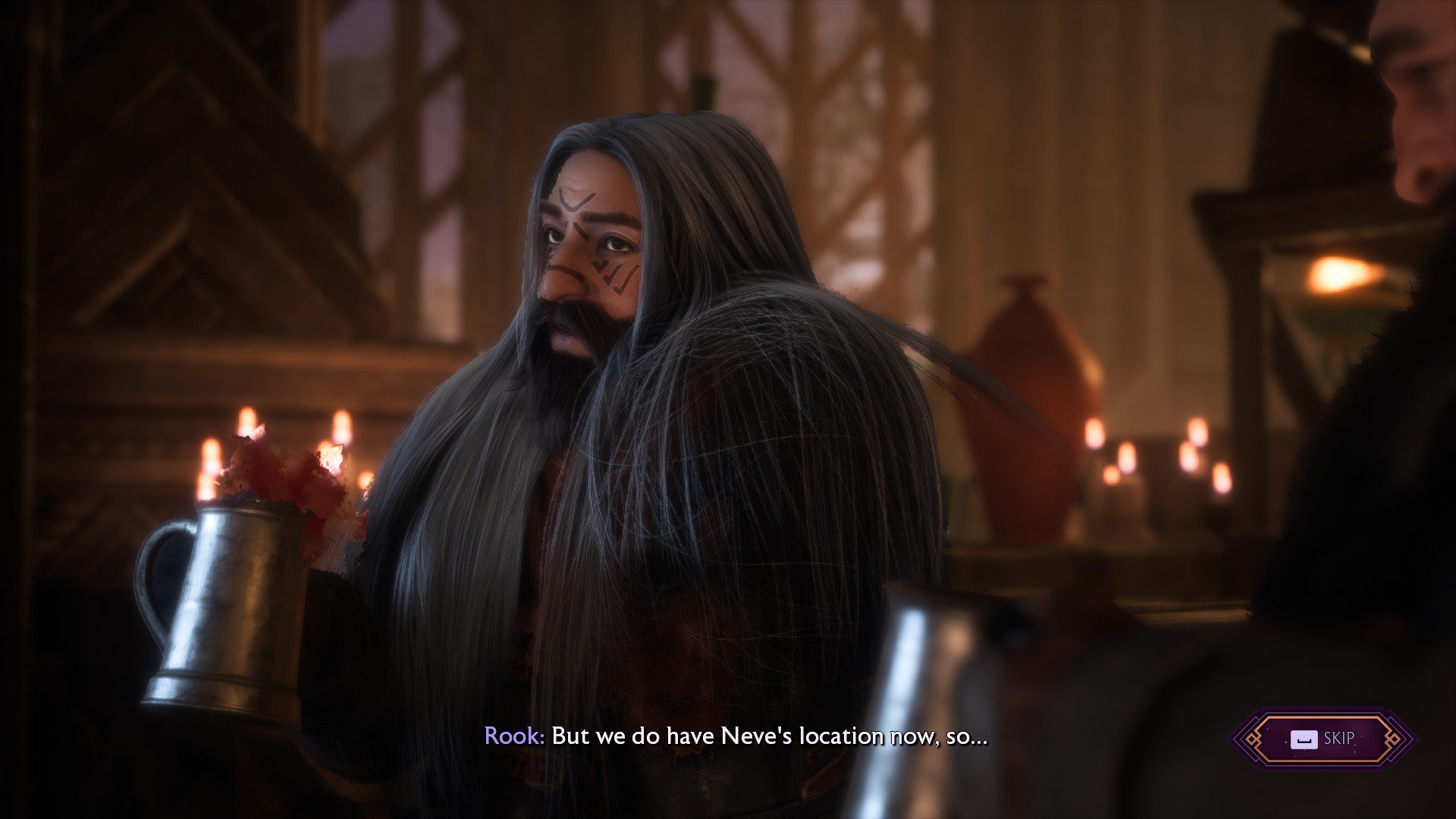 A long-haired dwarf player character drinking from a tankard