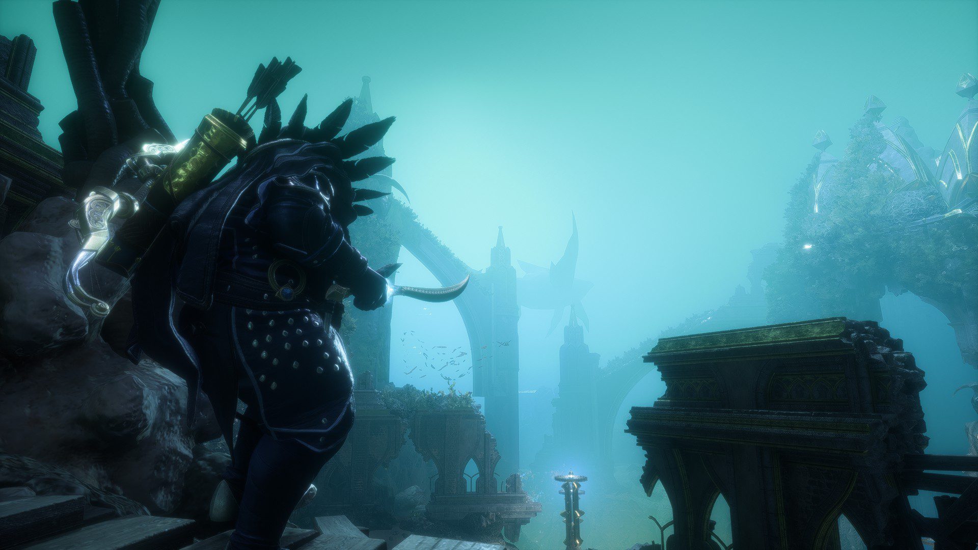 Rook with blades drawn, with a giant floating fish of sorts in the distance