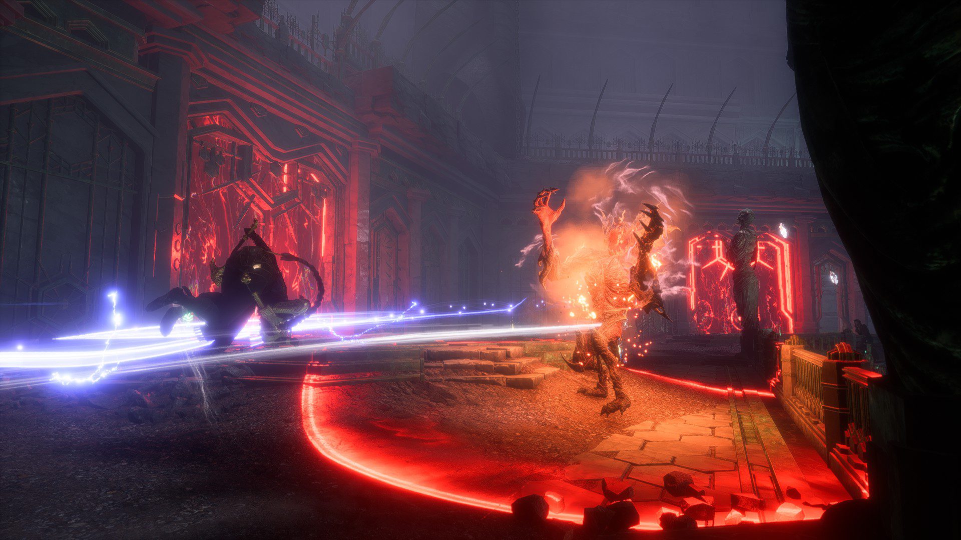 Taash, a qunari companion, jumping over an attack