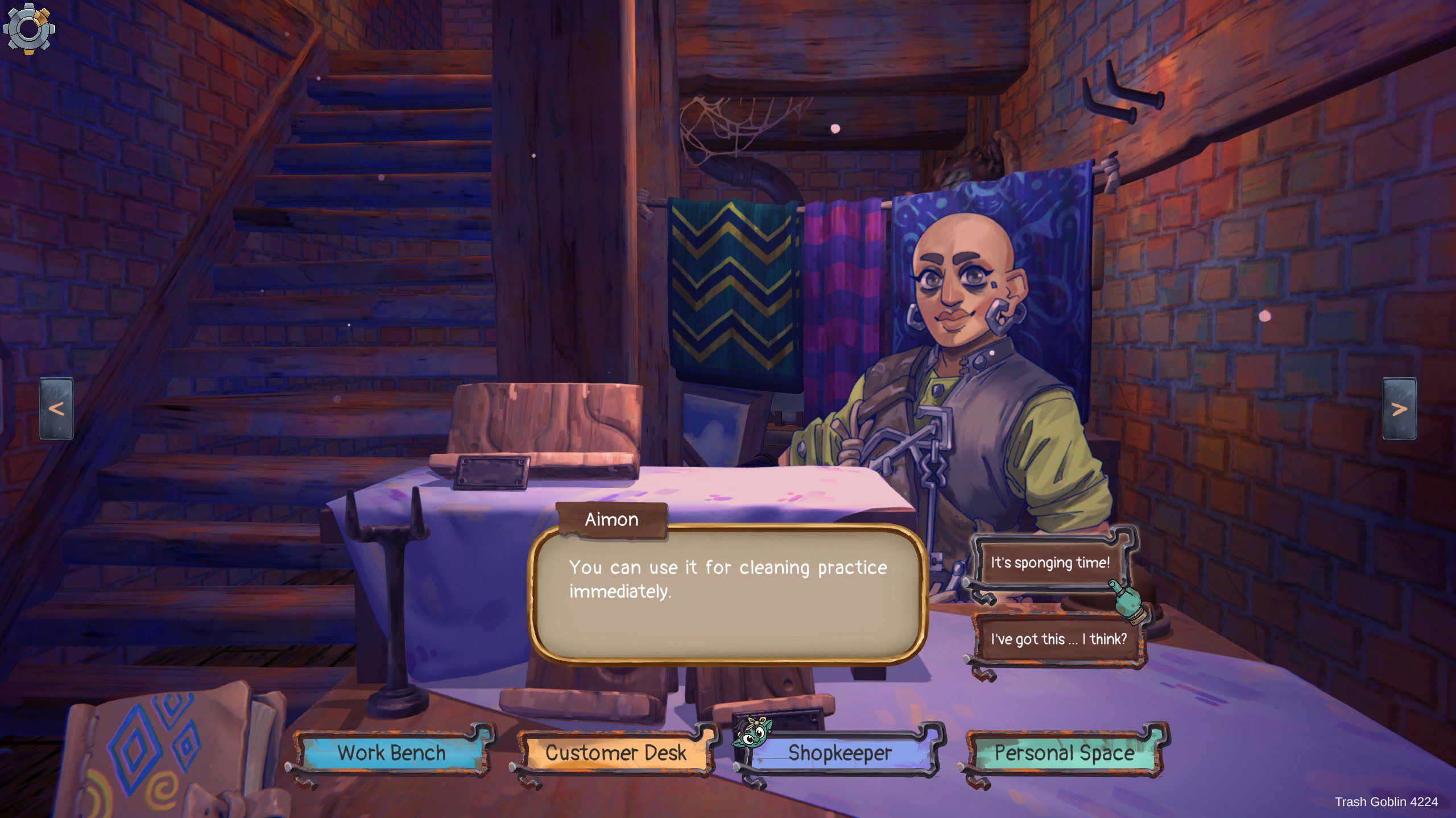 Trash Goblin talking with the shop owner Aimon behind the counter