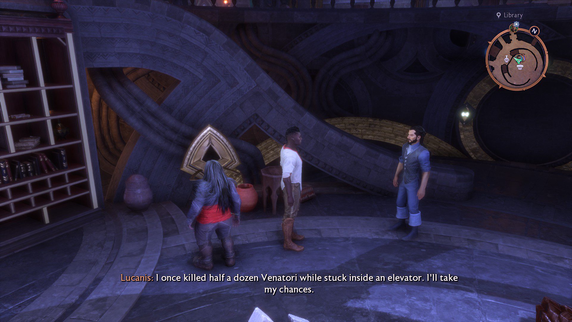 Lucanis telling Devran he once killed a dozen people in an elevator