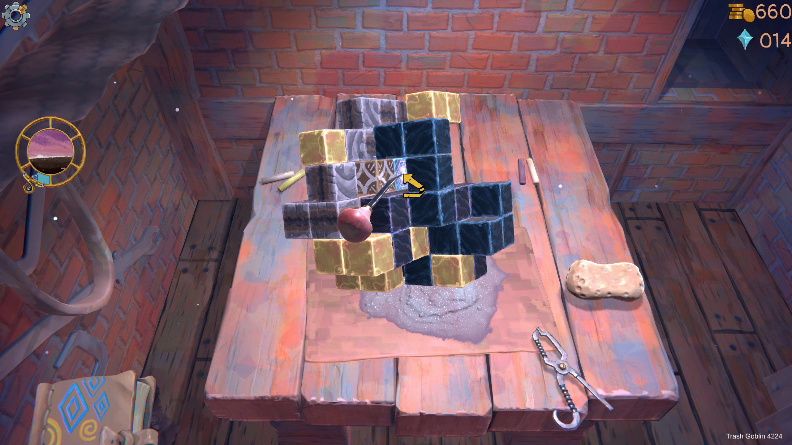 Trash Goblin finding treasures by digging through trash blocks in a short minigame