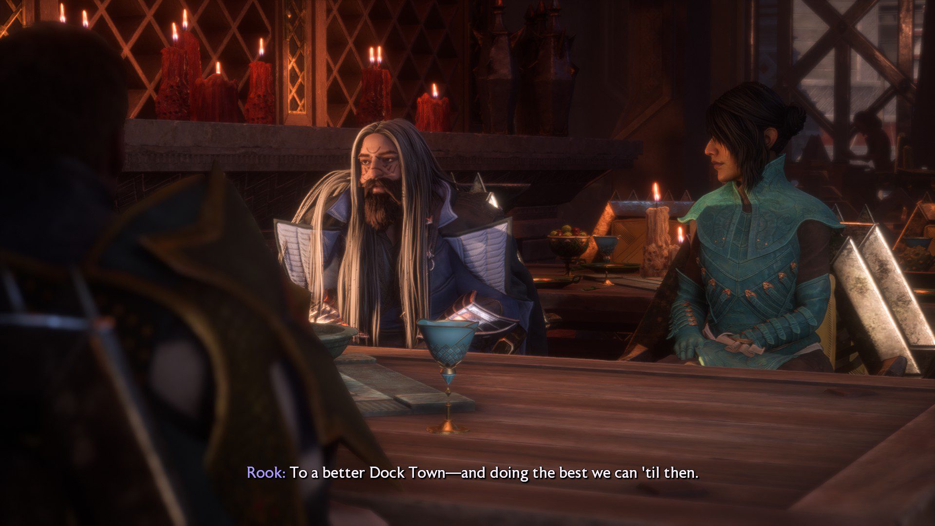 Rook raising a toast to Dock Town's safety