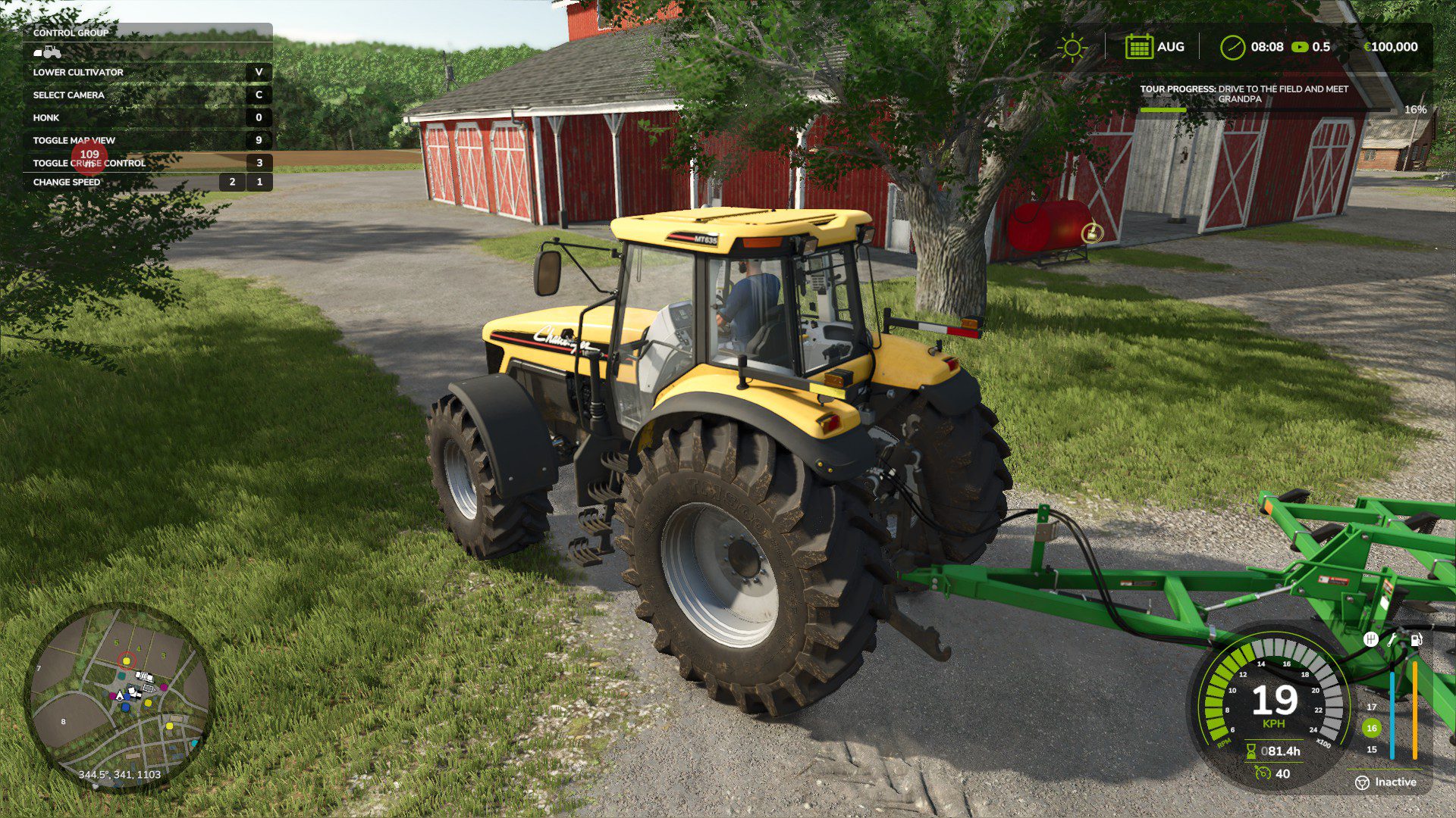 Farming Simulator 25 A yellow tractor pulling a cultivator towards a field