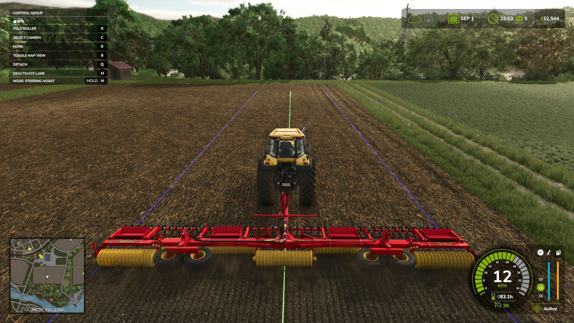 Farming Simulator 25 rolling a field marked by steering assist