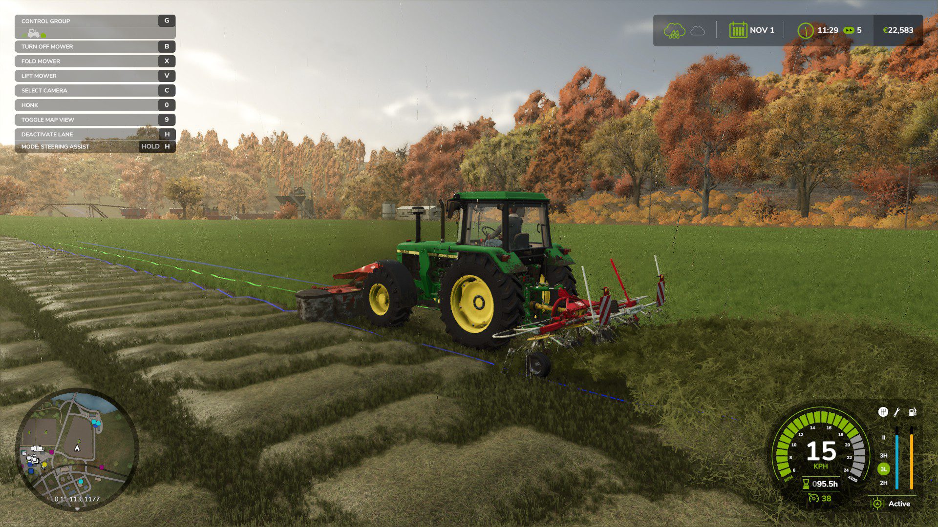 Farming Simulator 25 Mowing grass in a field