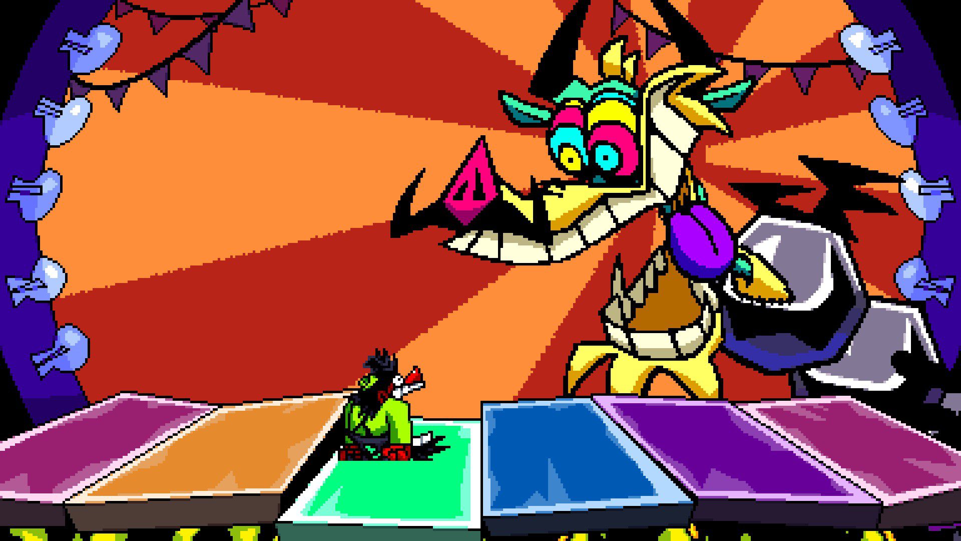 A wacky looking dragon and Anton staring at him with his jaw hitting the colorful floor