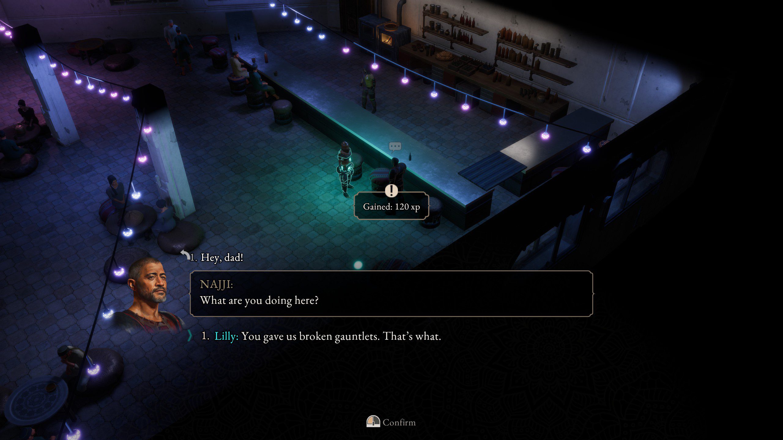 A dialogue scene in Coridden in a futuristic tavern.