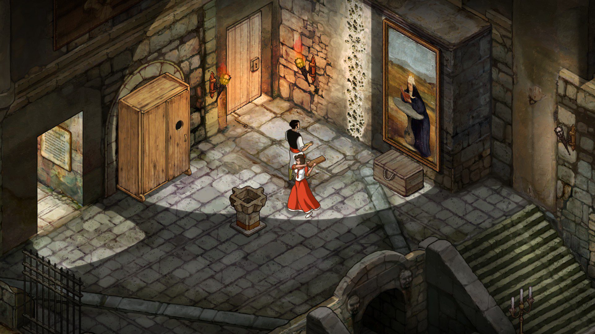 A woman in a red dress knocking out a guard with a plank