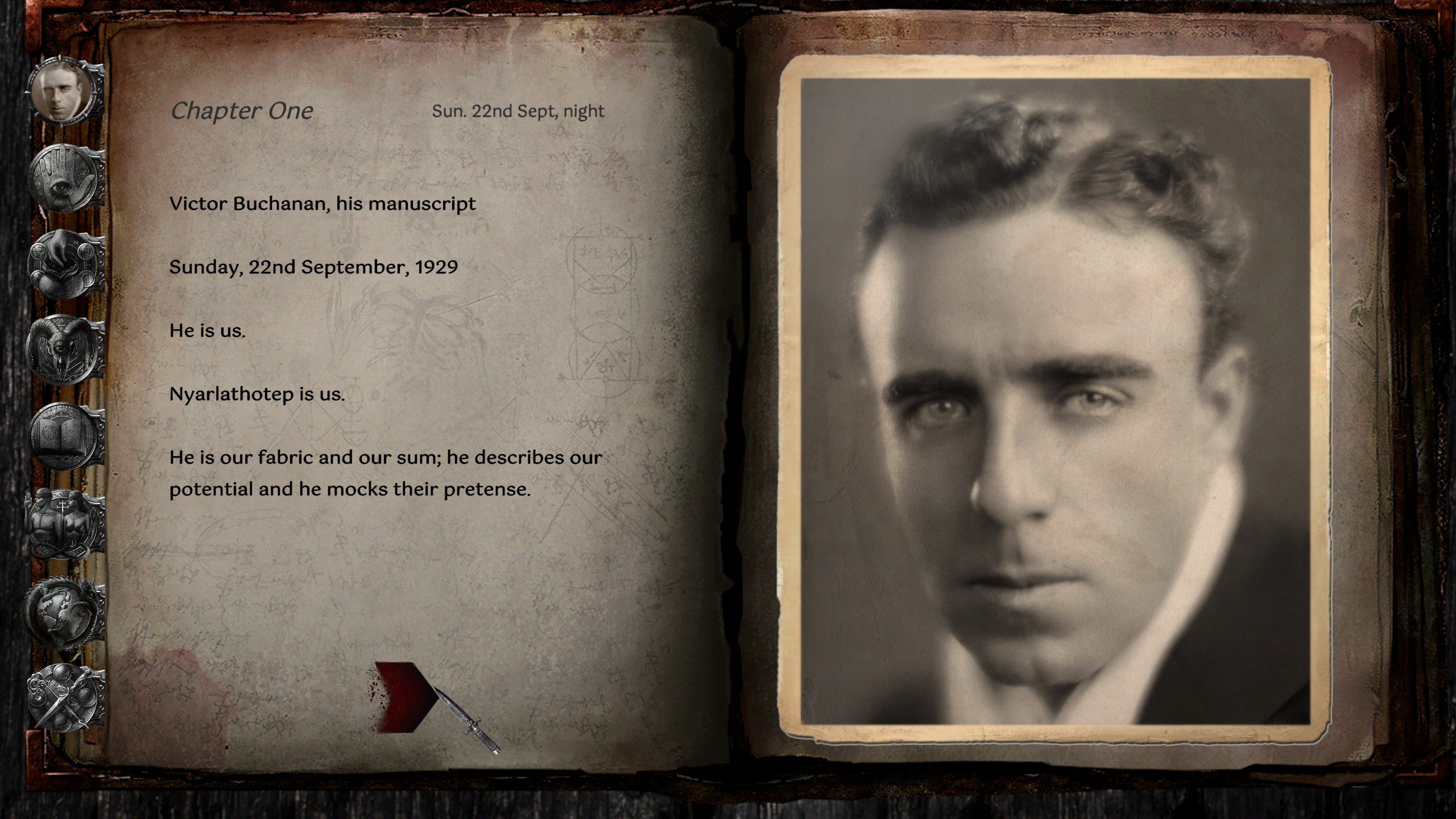 HPL Nyarlathotep Rising screenshot from Victor's journal.