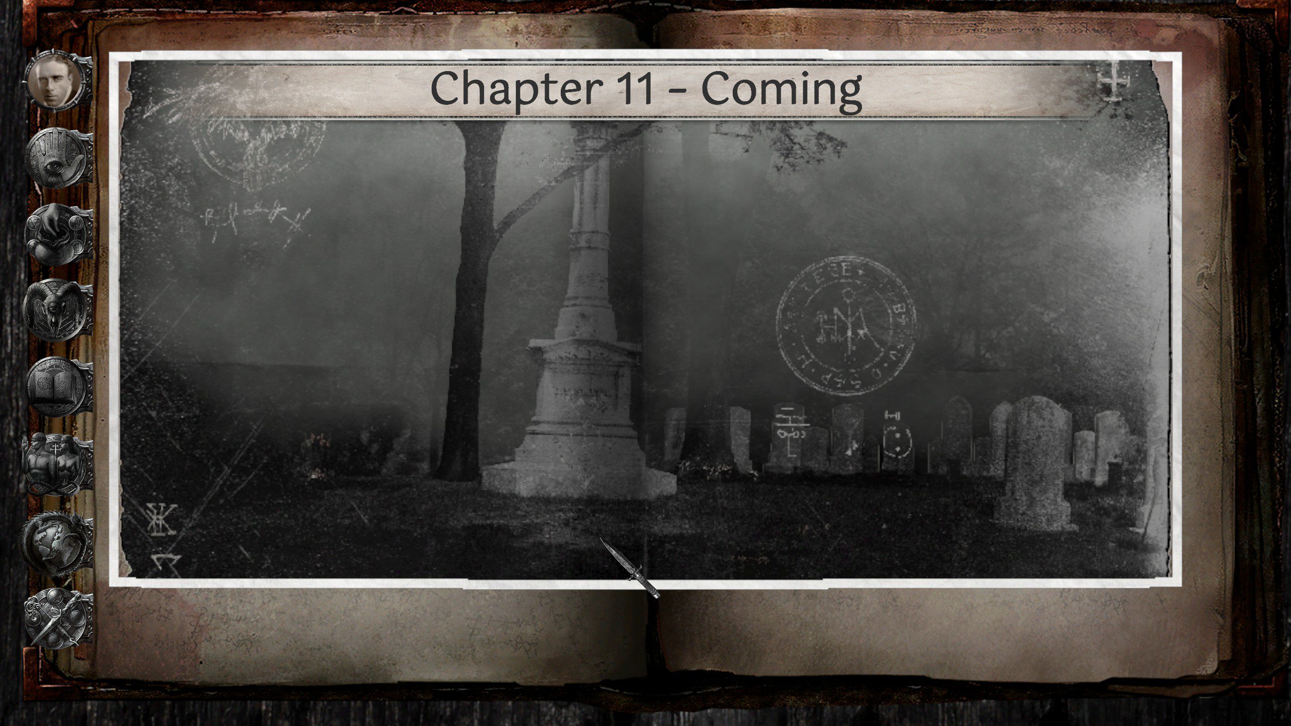 HPL Nyarlathotep Rising chapter artwork showing a dark graveyard with cultish symbols.
