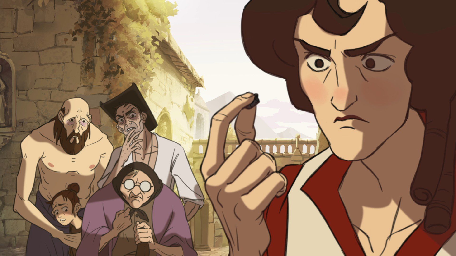 A handdrawn cutscene featuring Leonora examining a stone, with others looking at it scared in the background.