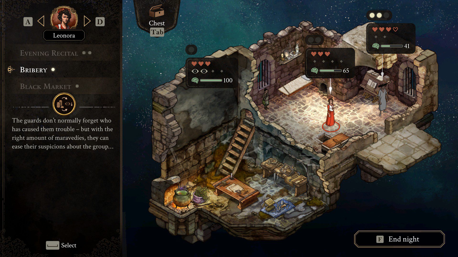 A nighttime section, showing options the player can use to restore certain meters or obtain resources