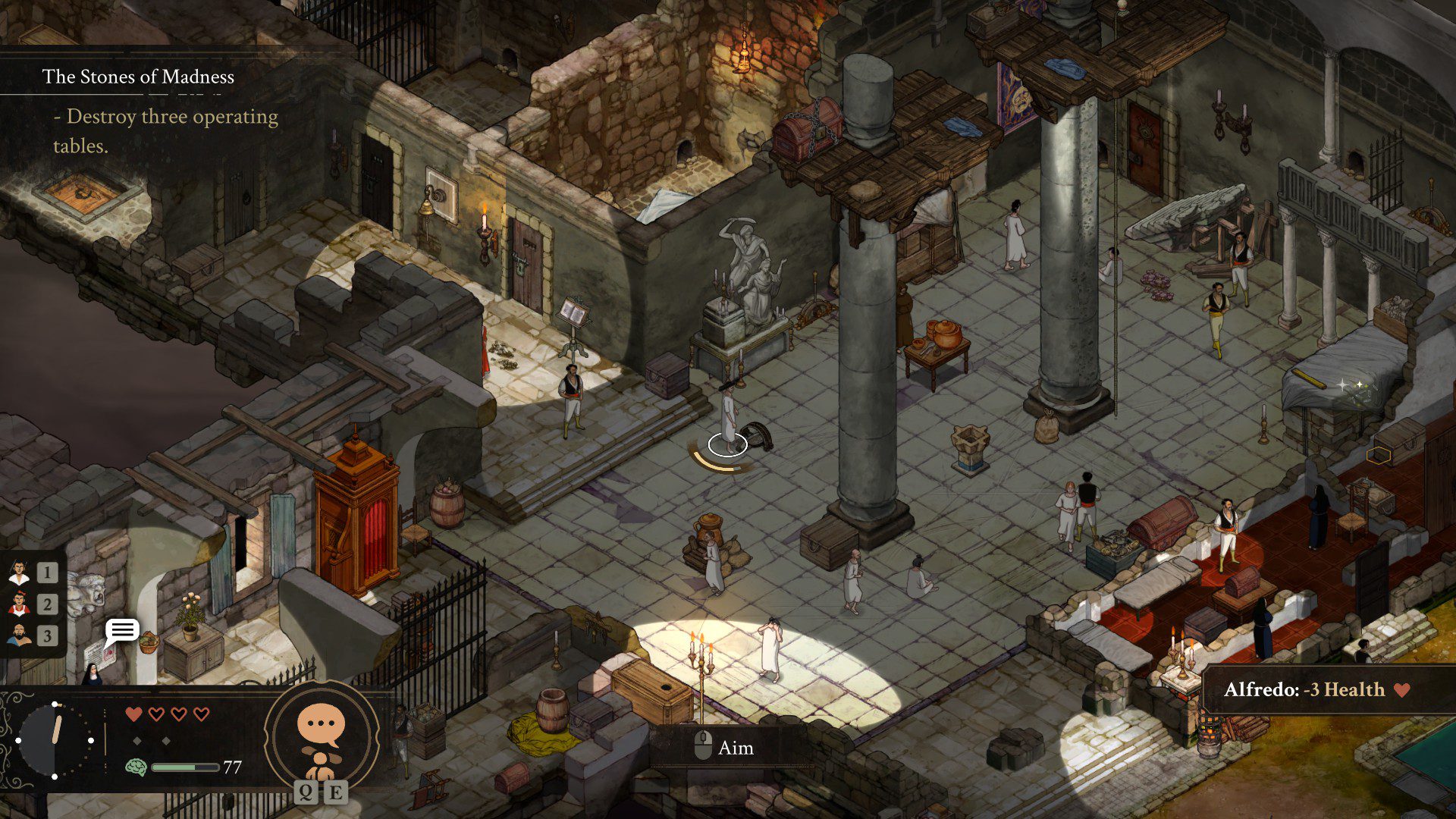 A zoomed out image with the player character standing over an activated bear trap. The health bar has one out of four hearts remaining.