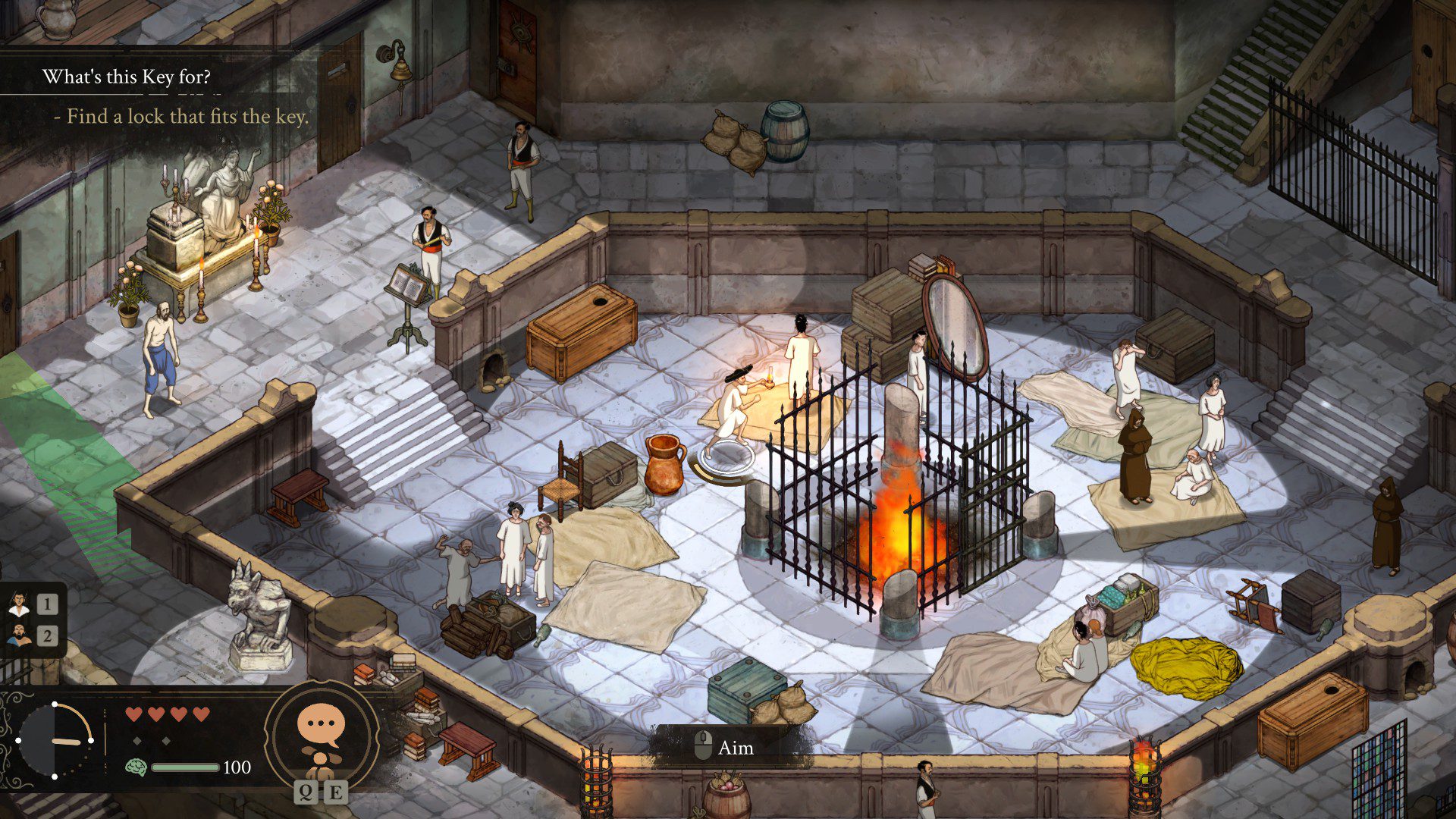 A priest in asylum robes running around a huge fireplace with an oil lamp, surrounded by guards and other inmates