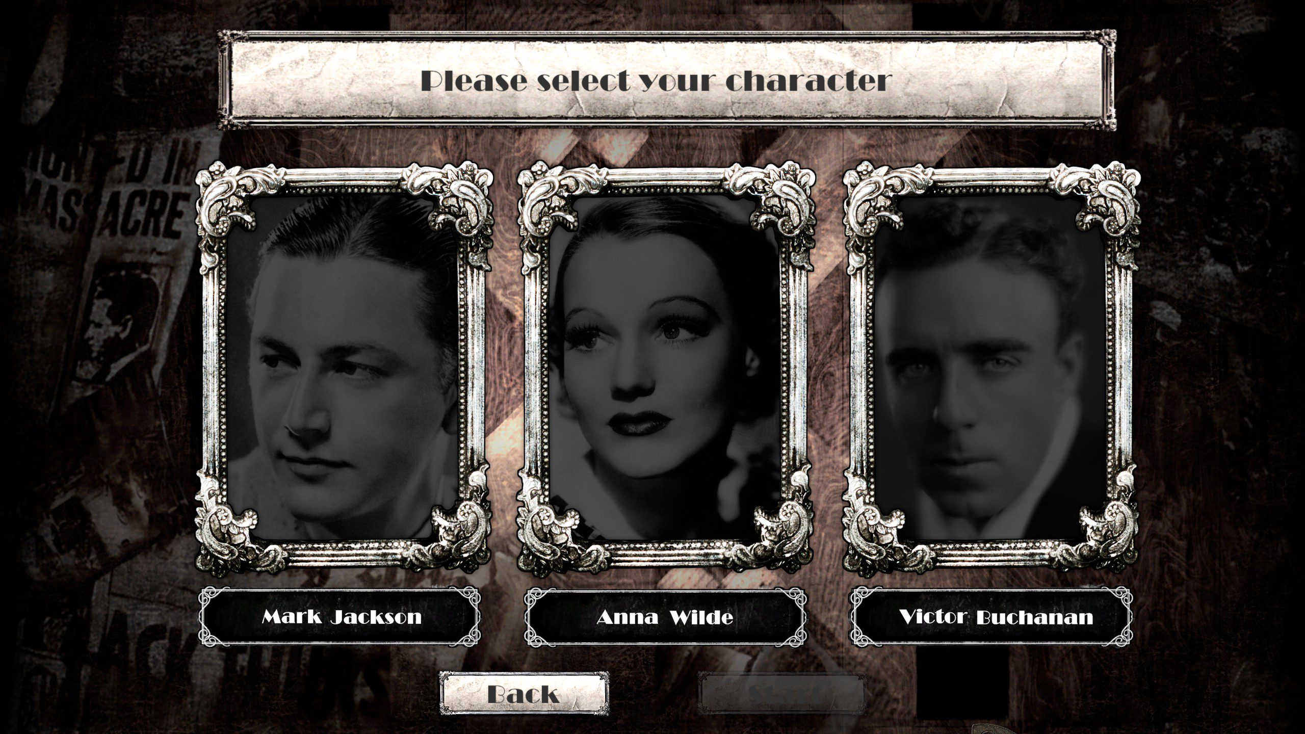 HPL Nyarlathotep Rising character selection screen.