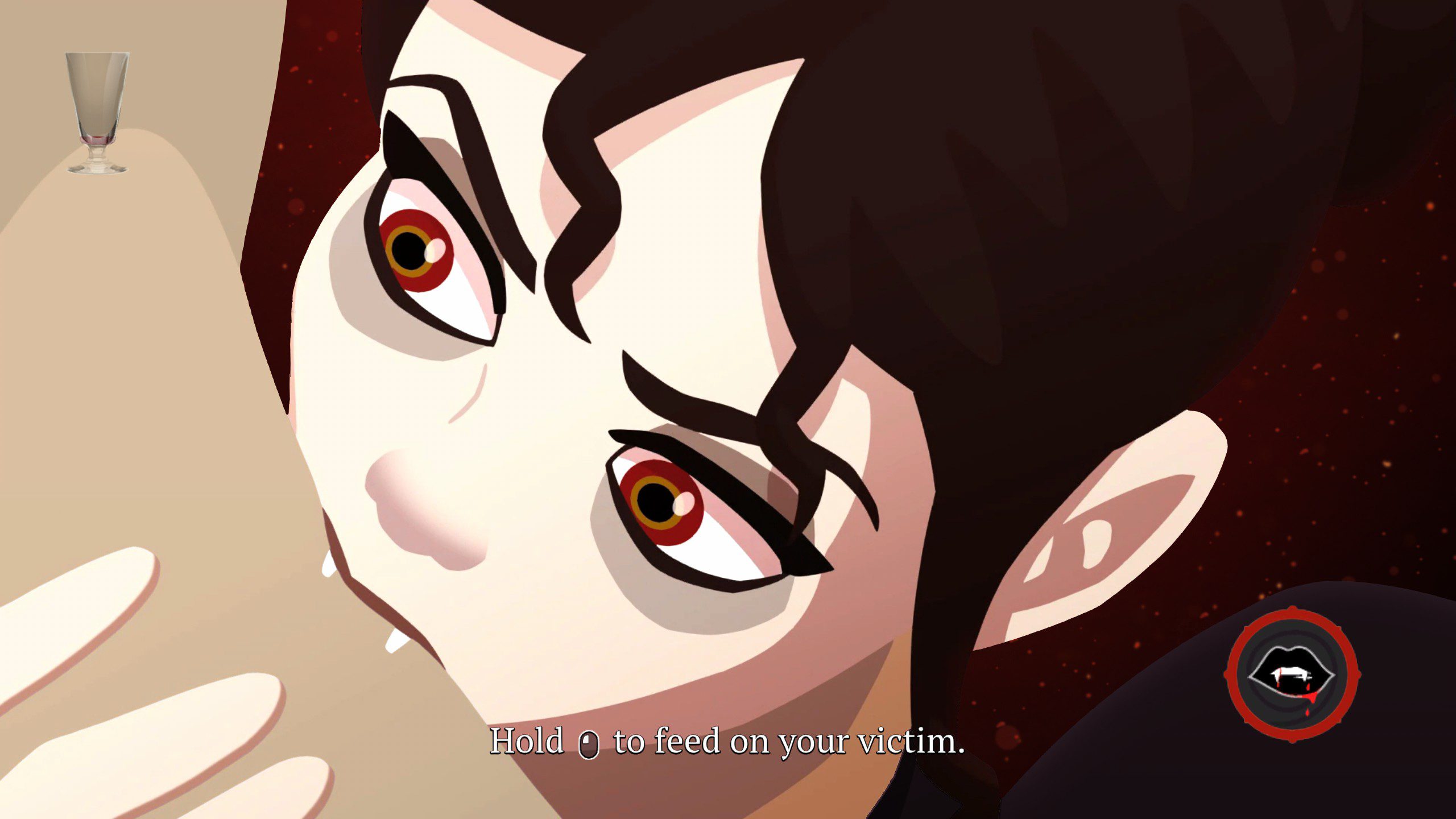 Cabernet cutscene showing Liza drinking blood from the neck of an enchanted human.