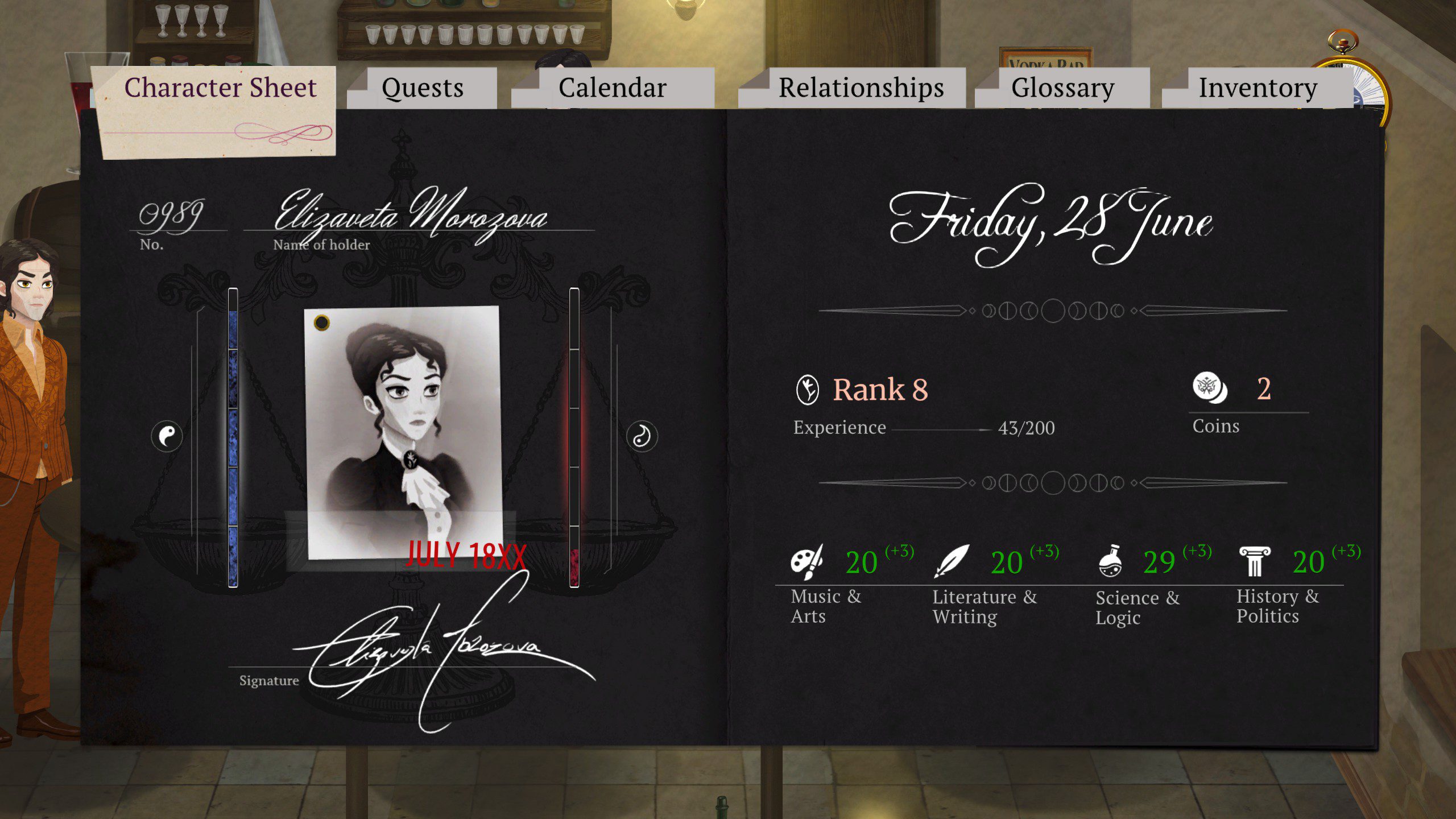 Cabernet character panel screenshot showing Liza's level and skills.