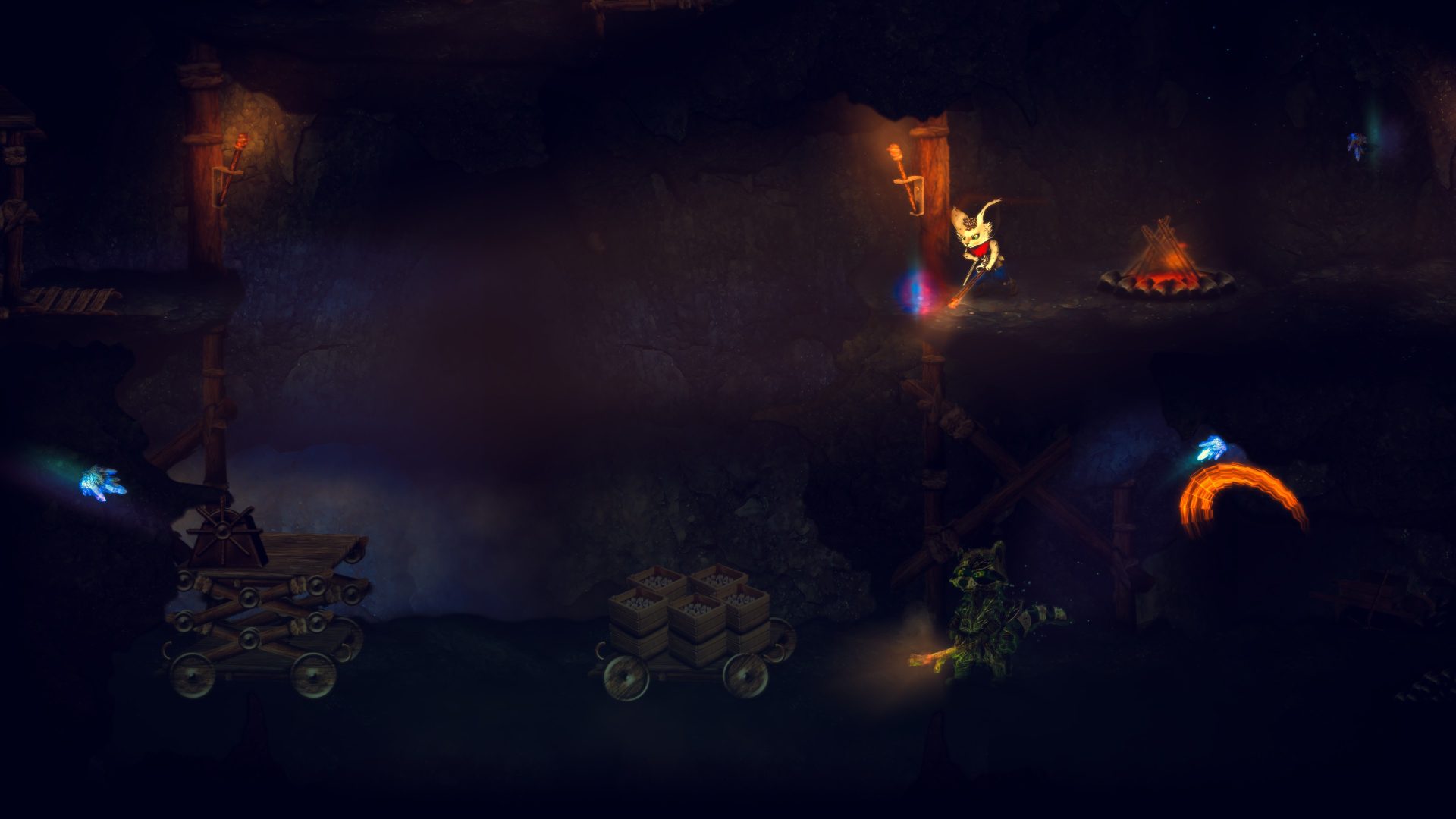Here Keely at the top of the image swings his weapon, and the visual trail that's supposed to follow its hitbox displays to the lower right