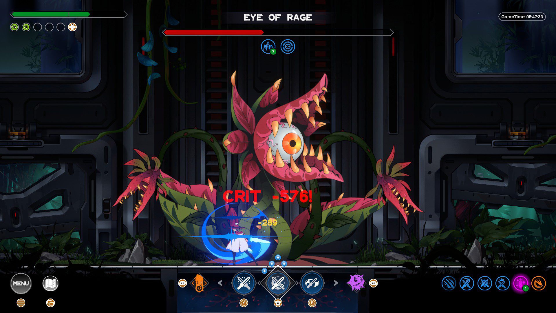 InayBoss An eye inside a plant, and a 567 damage crit from Inayah's blades in red numbers